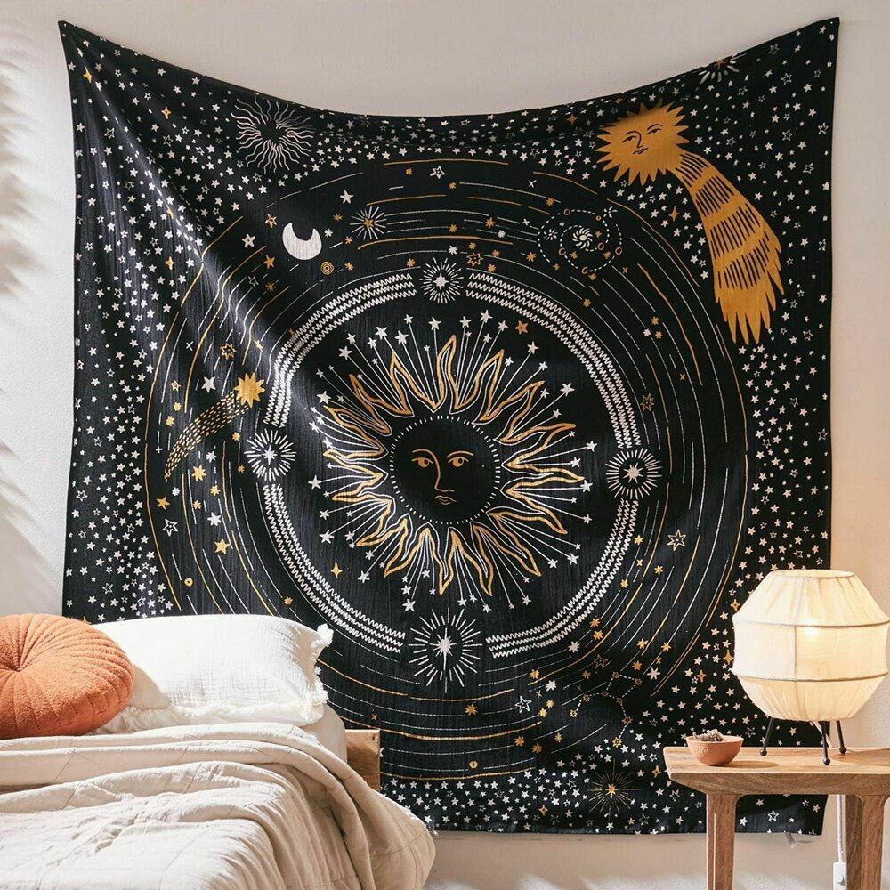 Black Burning Sun Tapestry, Starry Sky Wall Hanging,  Universe  Tapestries,  Mystic Tapestry, Hippie Wall Tapestry ,Tarot Cloth, Bedroom