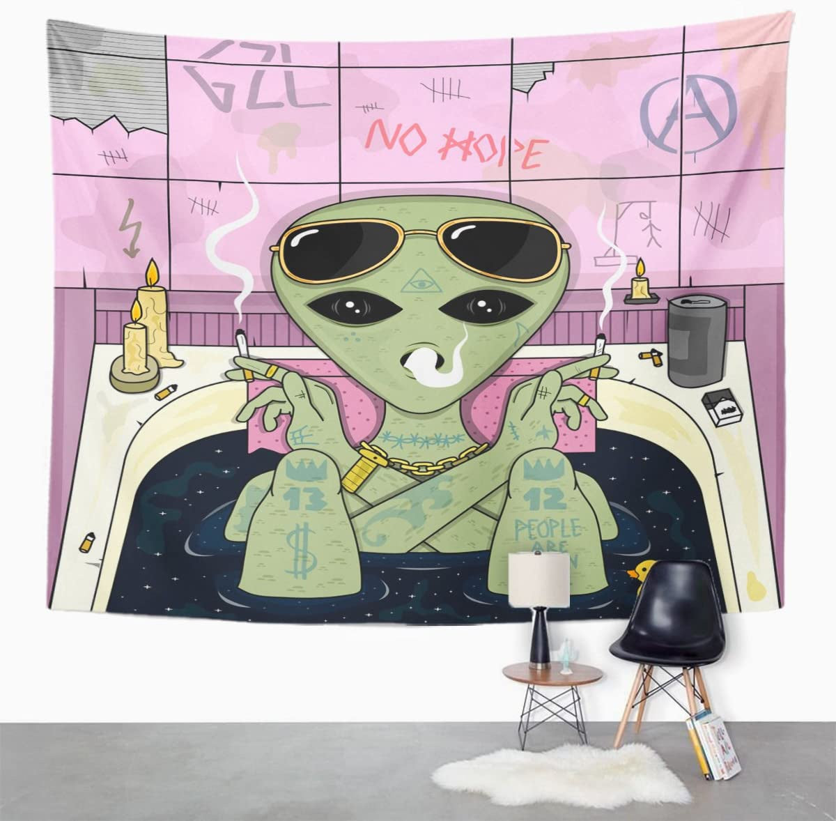 Alien Tapestry, Alien Poster, Ufo Art ,Psychedelic Wall Hanging , Trippy, Smoke Tapestry for Office ,Background Cloth, Living Room, Dorm