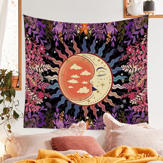 Burning Sun and Moon Tapestry, Floral  Wall Hanging,  Vines Tapestries, Vintage Tapestry, Mystic Tapestry, Hippie Wall Tapestry ,Tarot Cloth