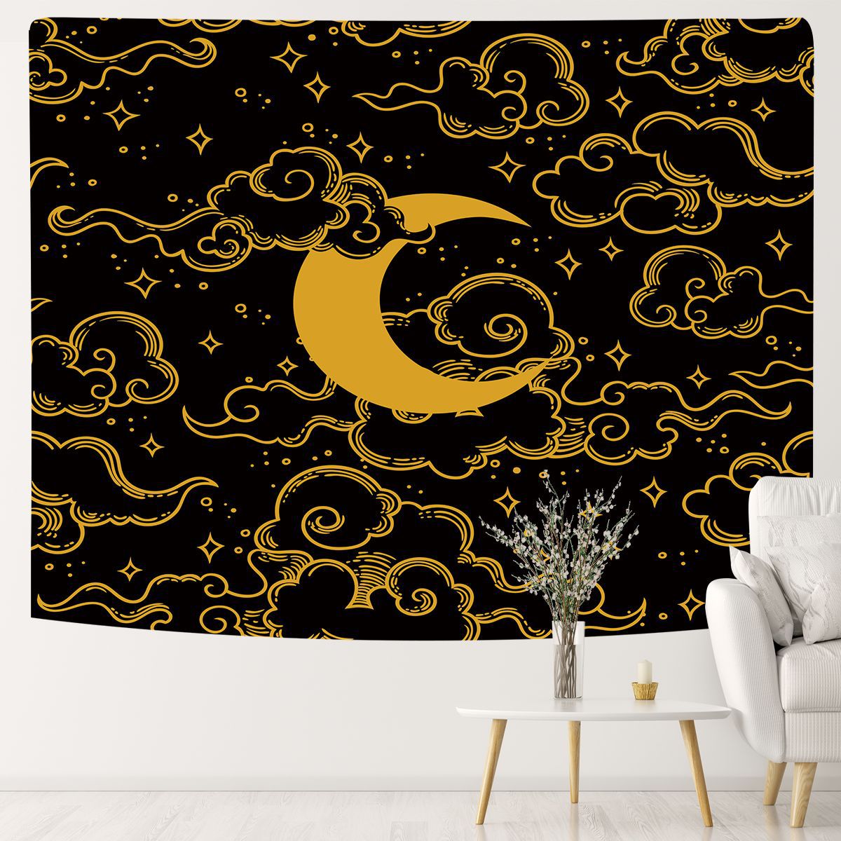 Moon Phase Tapestry , Starry Night  Wall Hanging,  Moon and Stars Tapestry,  Black and Yellow Wall Art  Mandala Tablecloth, Tarot Cloth