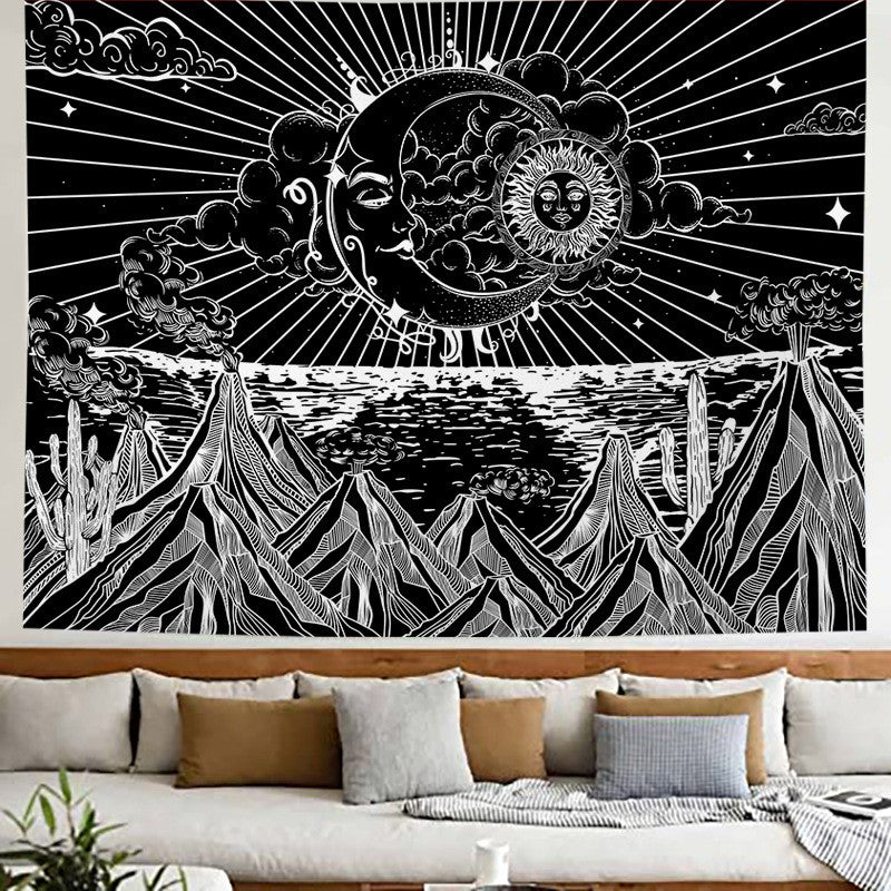 Sun and Moon Tapestry, Mountain Tapestry Aesthetic, Spiritual Stars Black and White Psychedelic Tapestry Wall Hanging Tapestries for Bedroom