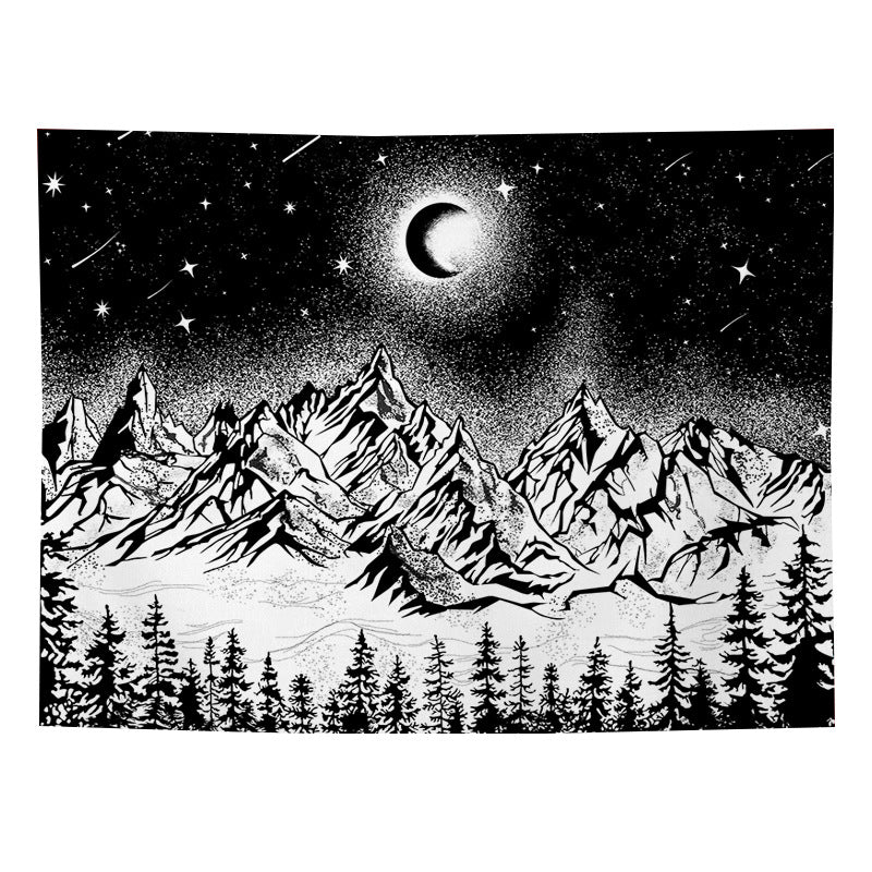 Black and White Tapestry, Psychedelic , Moon Mountains Wall Hanging,  Starry Night Trees Wall Tapestry, Trippy Nature Tapestry, for Dorm