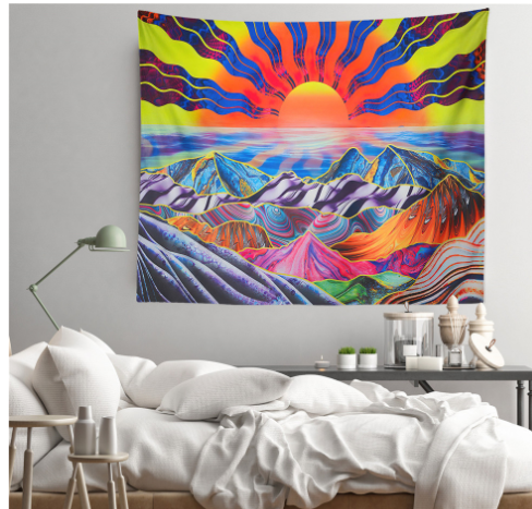 Sun Tapestry ,Psychedelic Waves Bohemian Colors Wall Hanging , Sunset Design, Surreal Art, Celestial Tapestries  for Bedroom College Dorm