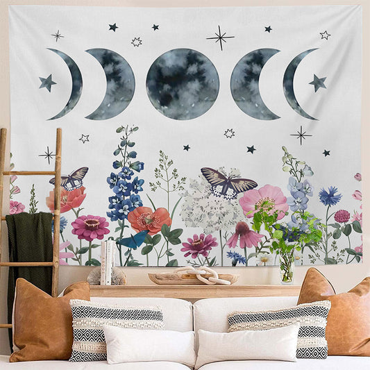 Moon Phase Wall Hanging Tapestry, Beige White Garden Floral Tapestry, Botanical Wall Art Lunar Tapestries, Bohemian Aesthetic Decor for Room