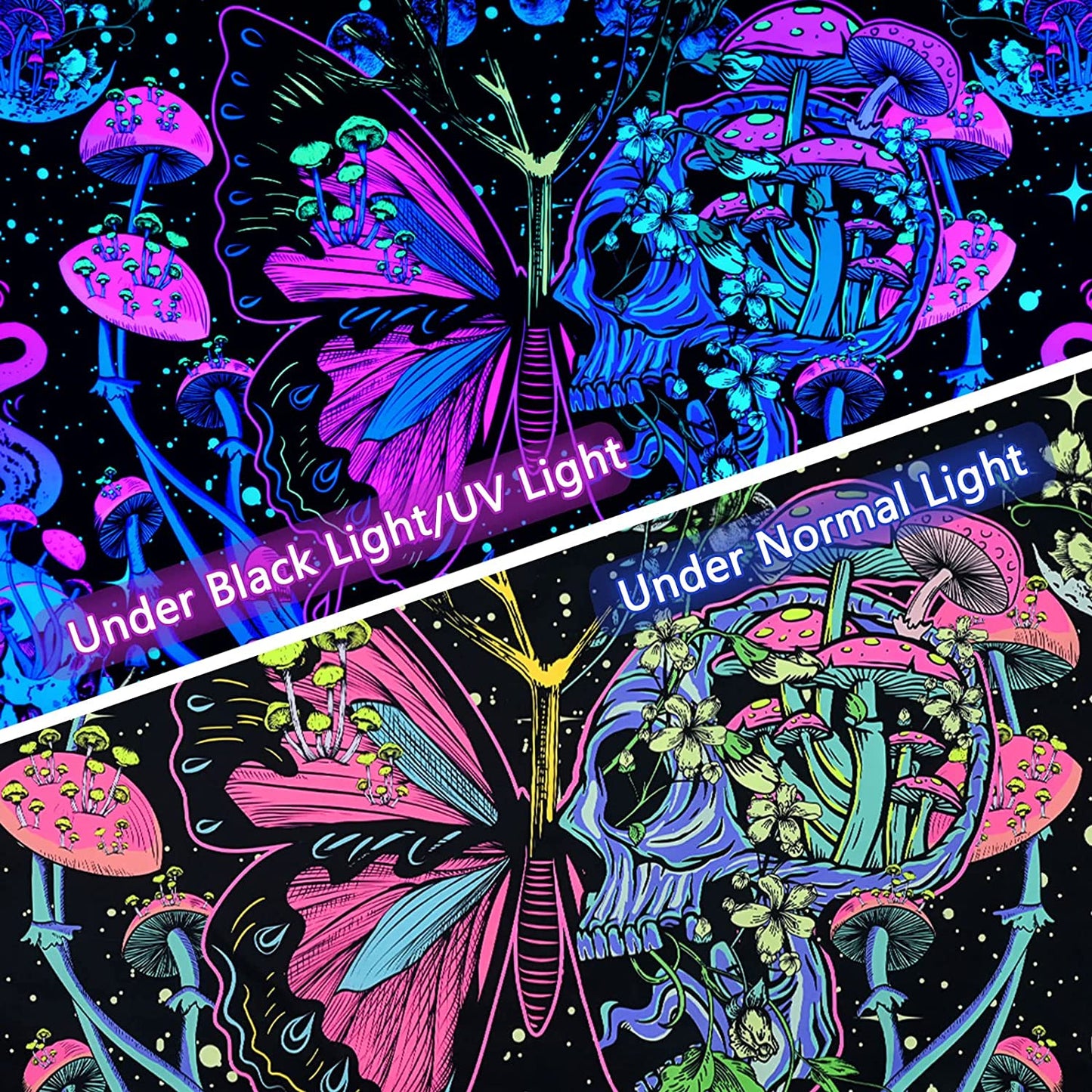 Blacklight Tapestry, UV Reactive Trippy Mushroom Butterfly Tapestries, Aesthetic Moth Moon Flowers  Hippie Snake Tapestry Wall Hanging