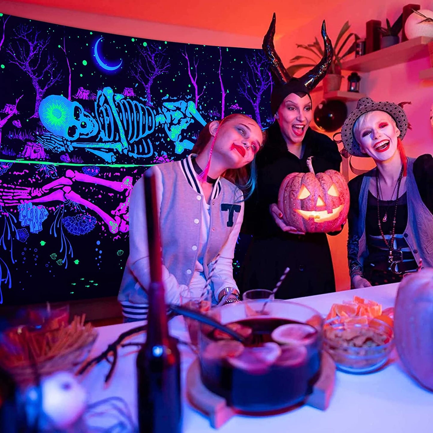 UV Reactive Black Light Fluorescent Wall Hanging, Skeleton Lover Tapestry, Trippy Tapestry, Psychedelic Dark Galaxy Moon Mandala Party Décor