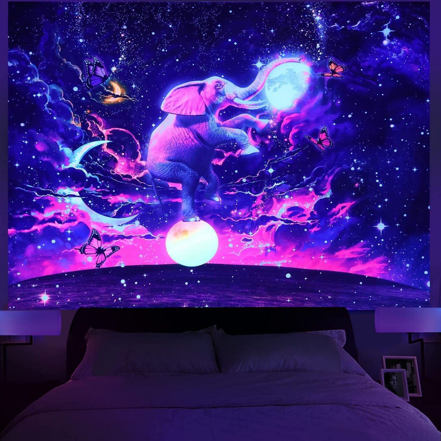 Elephant Tapestry, Blacklight Fantasy Yoga Tapestry, UV Reactive Universe Space Wall Hangings, Trippy Tapestry Blue For Living Room, Bedroom