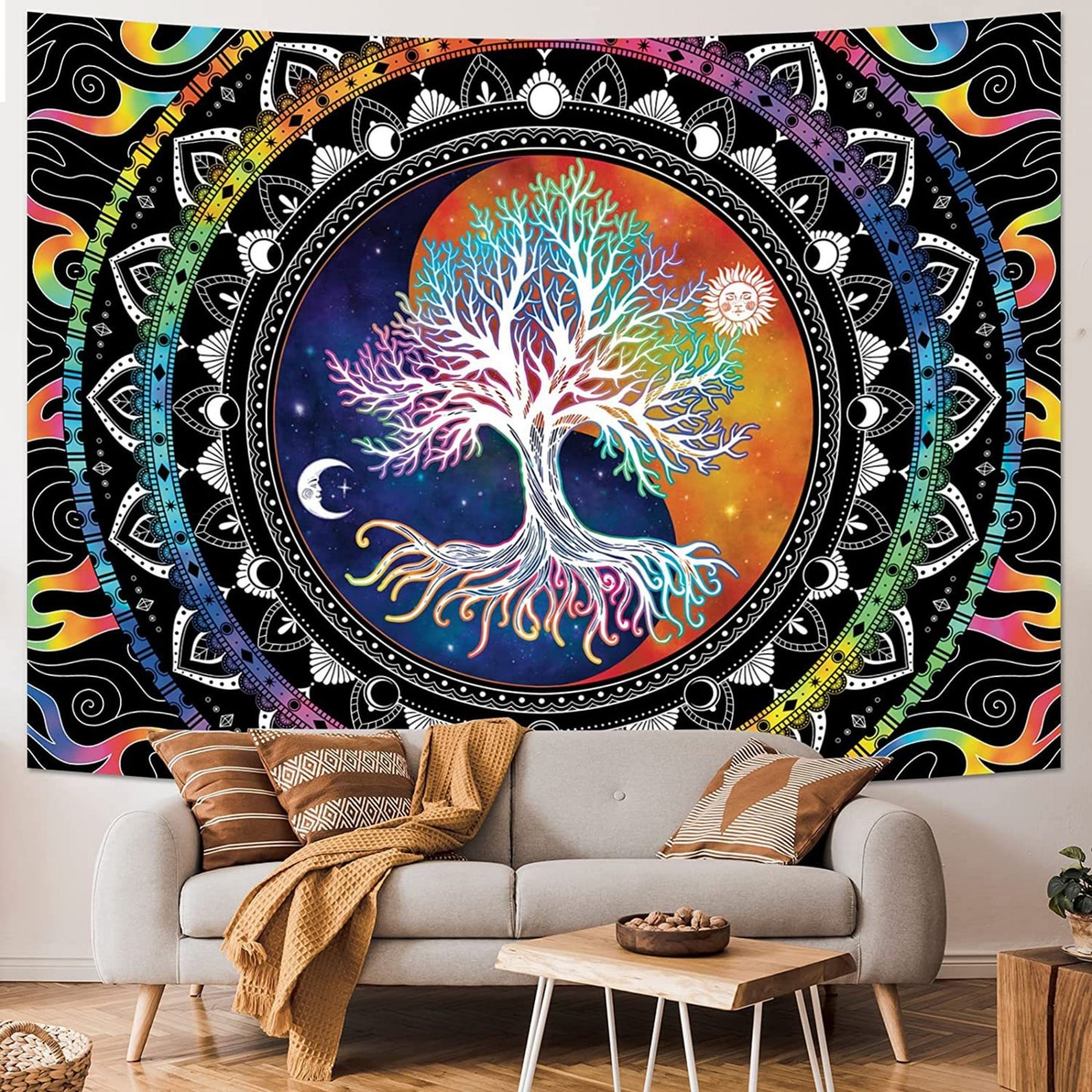Tree of Life Tapestry, Wall hanging, UV Reactive Hippie Tapestries , Blacklight Mandala Wall Art , Sun and Moon Wall Décor Bedroom, Dorm