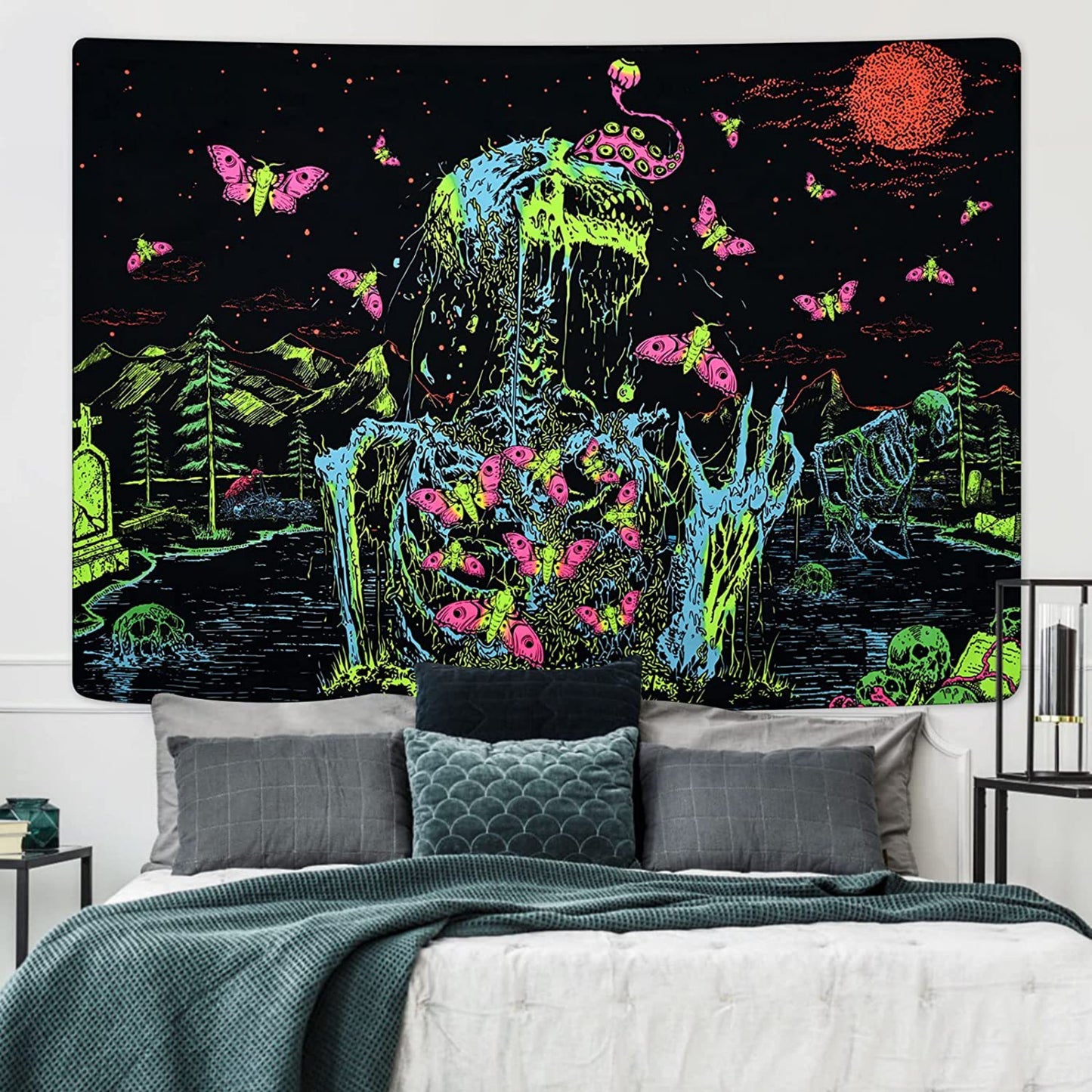 Blacklight Goth Skeleton Tapestry , UV Reactive Trippy Neon Butterfly Mandala Tapestry, Glow in the Dark  Skull Tapestries Gothic Wall Party