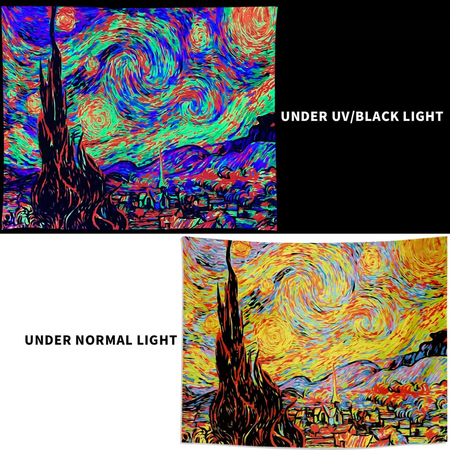 Van Gogh Starry Night UV Reactive Tapestry Print,  Blacklight Wall Hanging,  Glow in The Dark Fluorescent Tapestry for Bedroom, Living Room