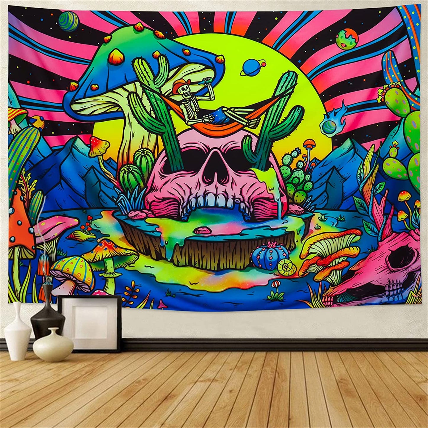 UV Reactive Tapestry, Trippy Skull and Mushrooms Wall Hanging, Fluorescent Psychedelic Hippie Plant Mandala Aesthetic Floral Wall Tapestry