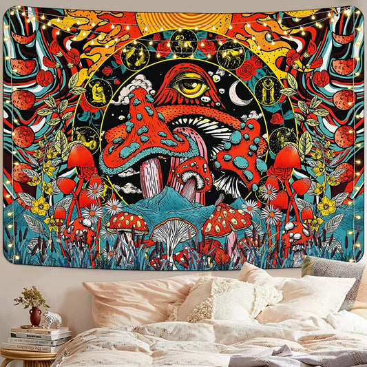 Psychedelic Mushroom Tapestry, Trippy Hippie Wall Hanging,  Zodiac Tarot Tapestries, Colorful Floral Plants Boho Cute Décor for Living Room