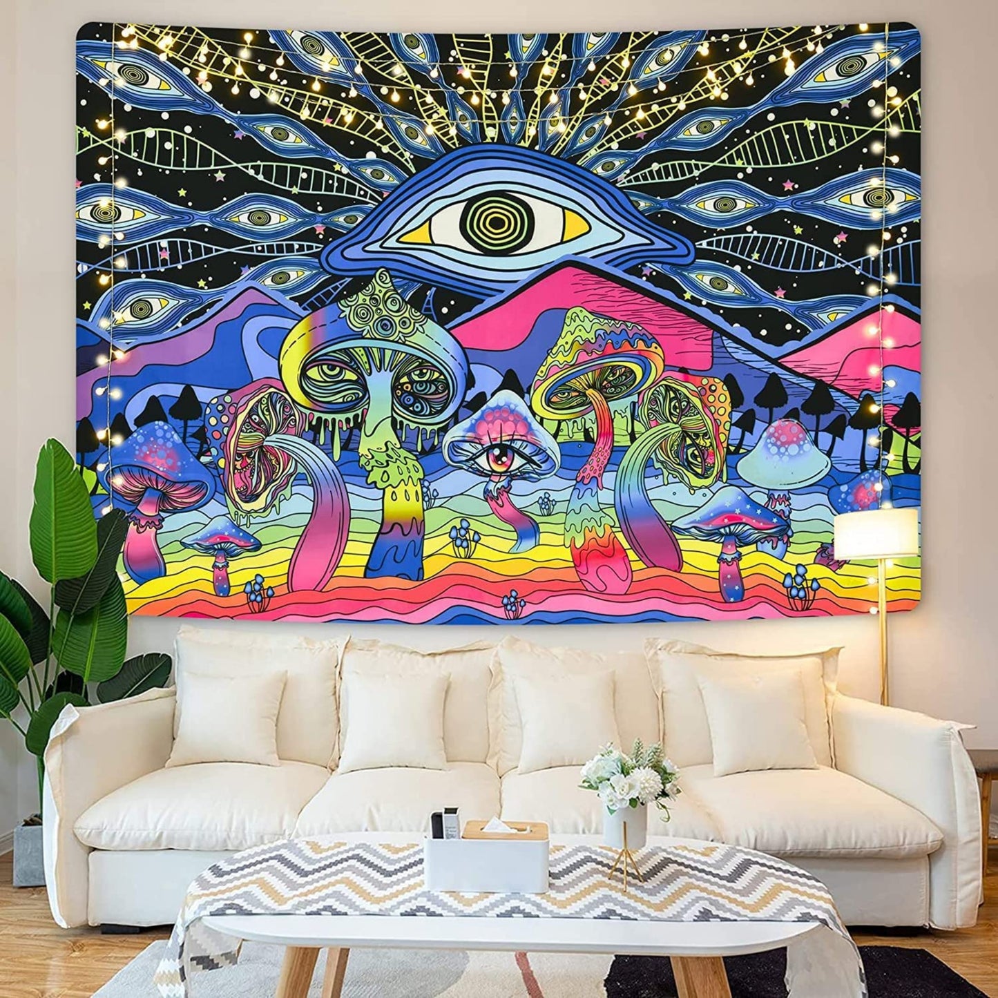 Psychedelic Mushroom Mandala Tapestry, Blacklight UV Reactive Trippy Wall Hanging, Fluorescent Moon and Stars, Fantasy Plants Décor, Dorm