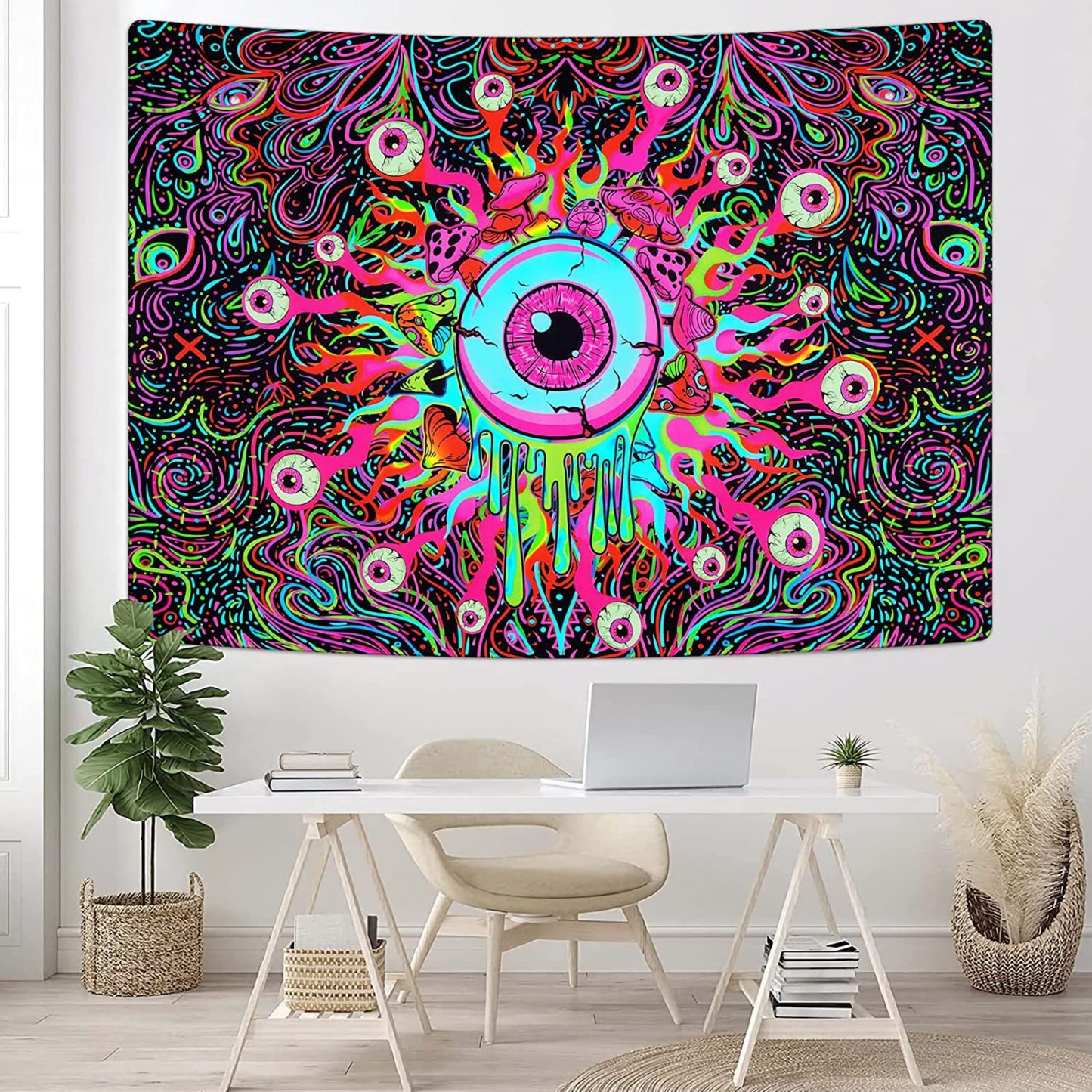 UV Reactive Eyes Tapestry, Trippy Tapestry Wall Hanging,  Blacklight Mushroom  ,Psychedelic Wall Art , Neon Aesthetic Tapestries for Party