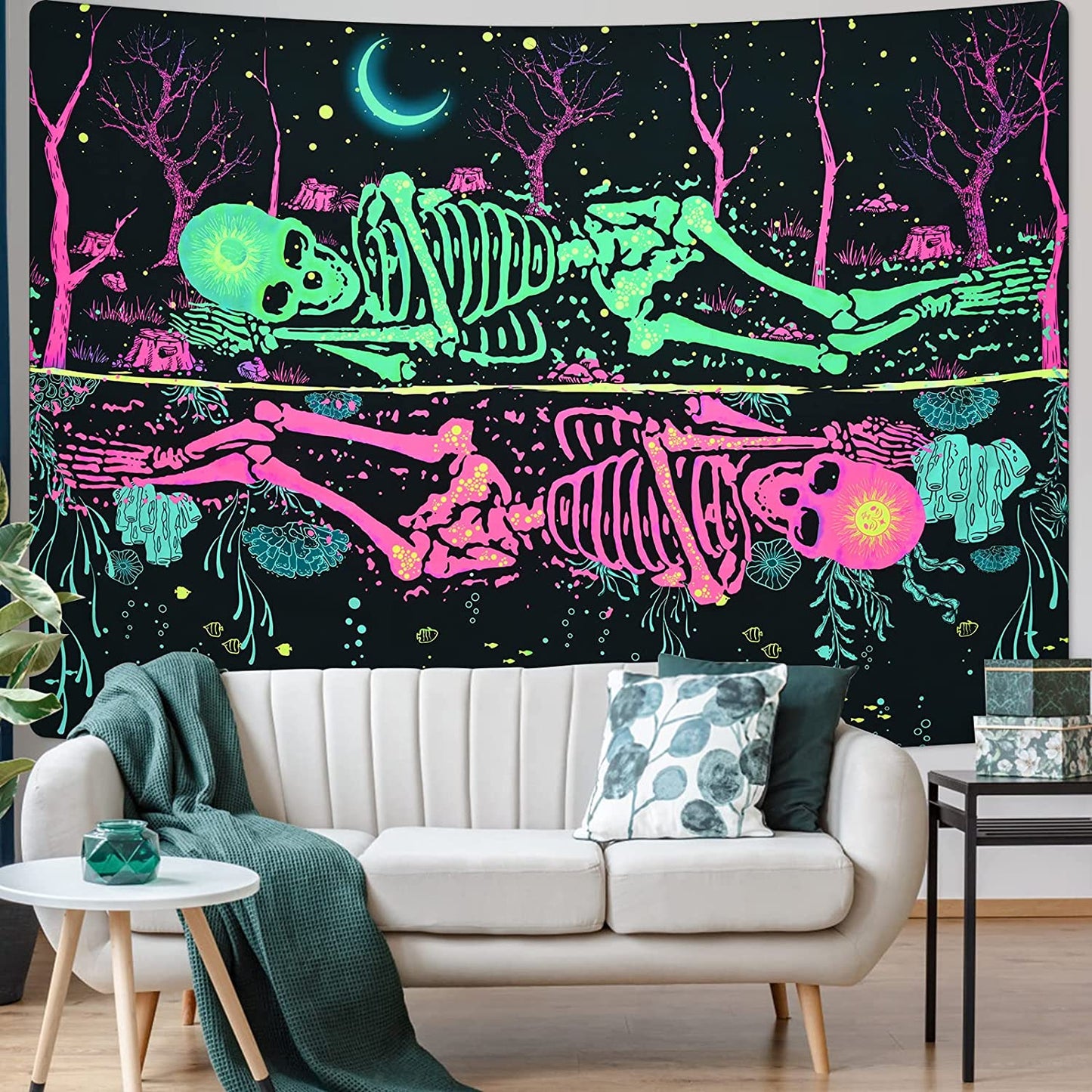 UV Reactive Black Light Fluorescent Wall Hanging, Skeleton Lover Tapestry, Trippy Tapestry, Psychedelic Dark Galaxy Moon Mandala Party Décor