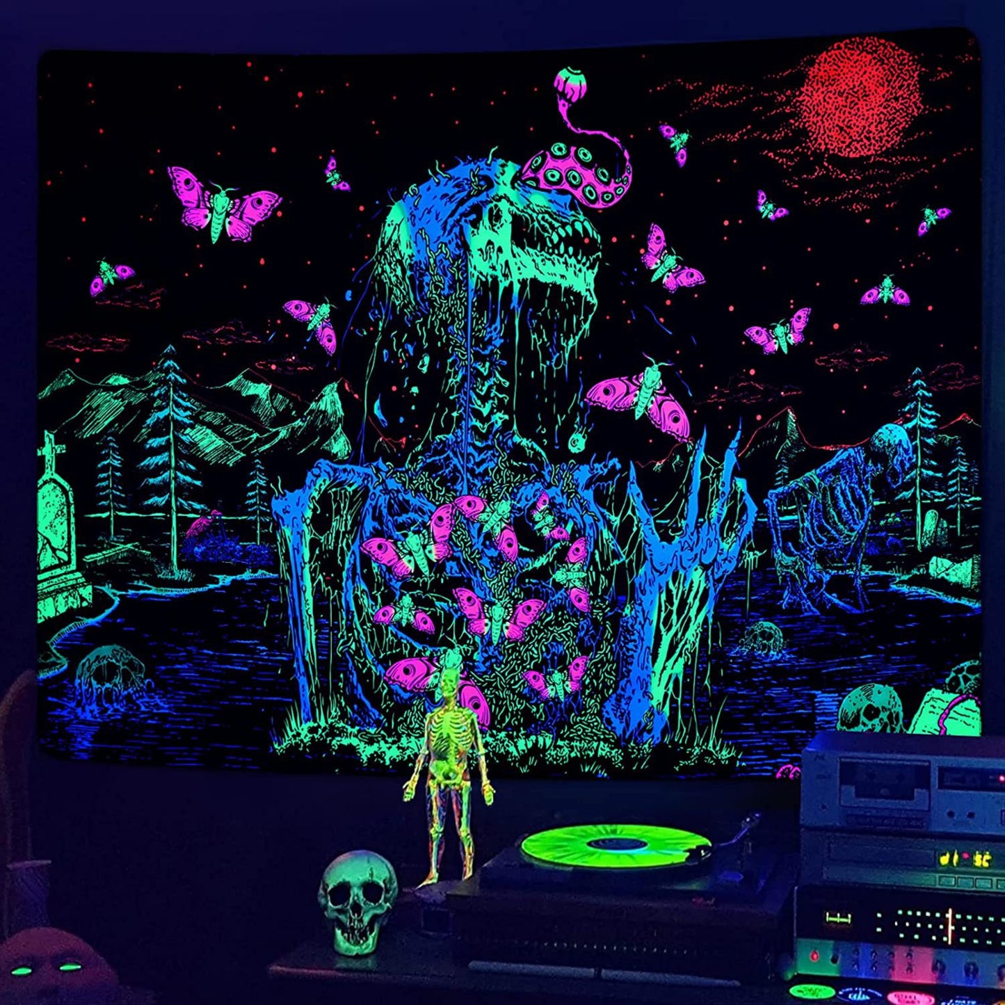 Blacklight Goth Skeleton Tapestry , UV Reactive Trippy Neon Butterfly Mandala Tapestry, Glow in the Dark  Skull Tapestries Gothic Wall Party