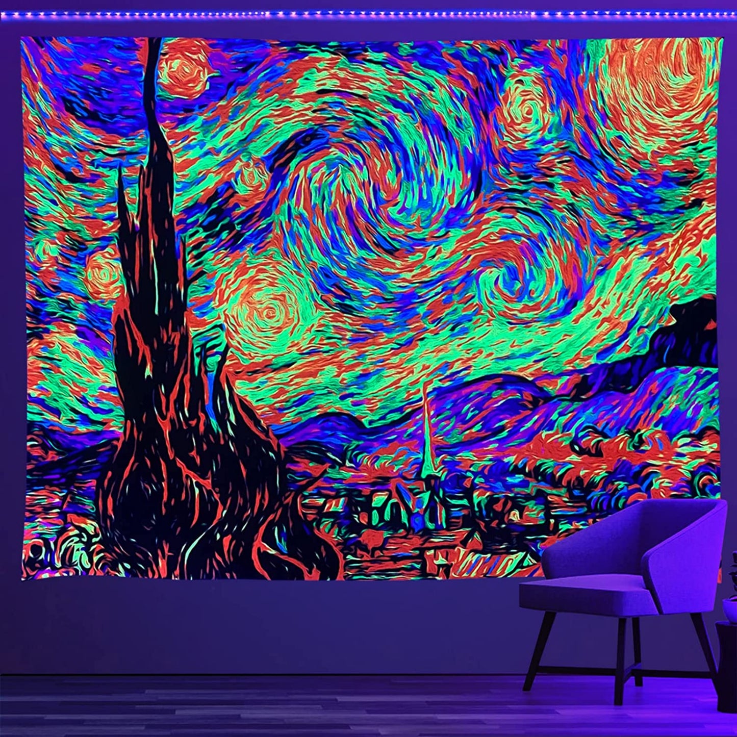 Van Gogh Starry Night UV Reactive Tapestry Print,  Blacklight Wall Hanging,  Glow in The Dark Fluorescent Tapestry for Bedroom, Living Room