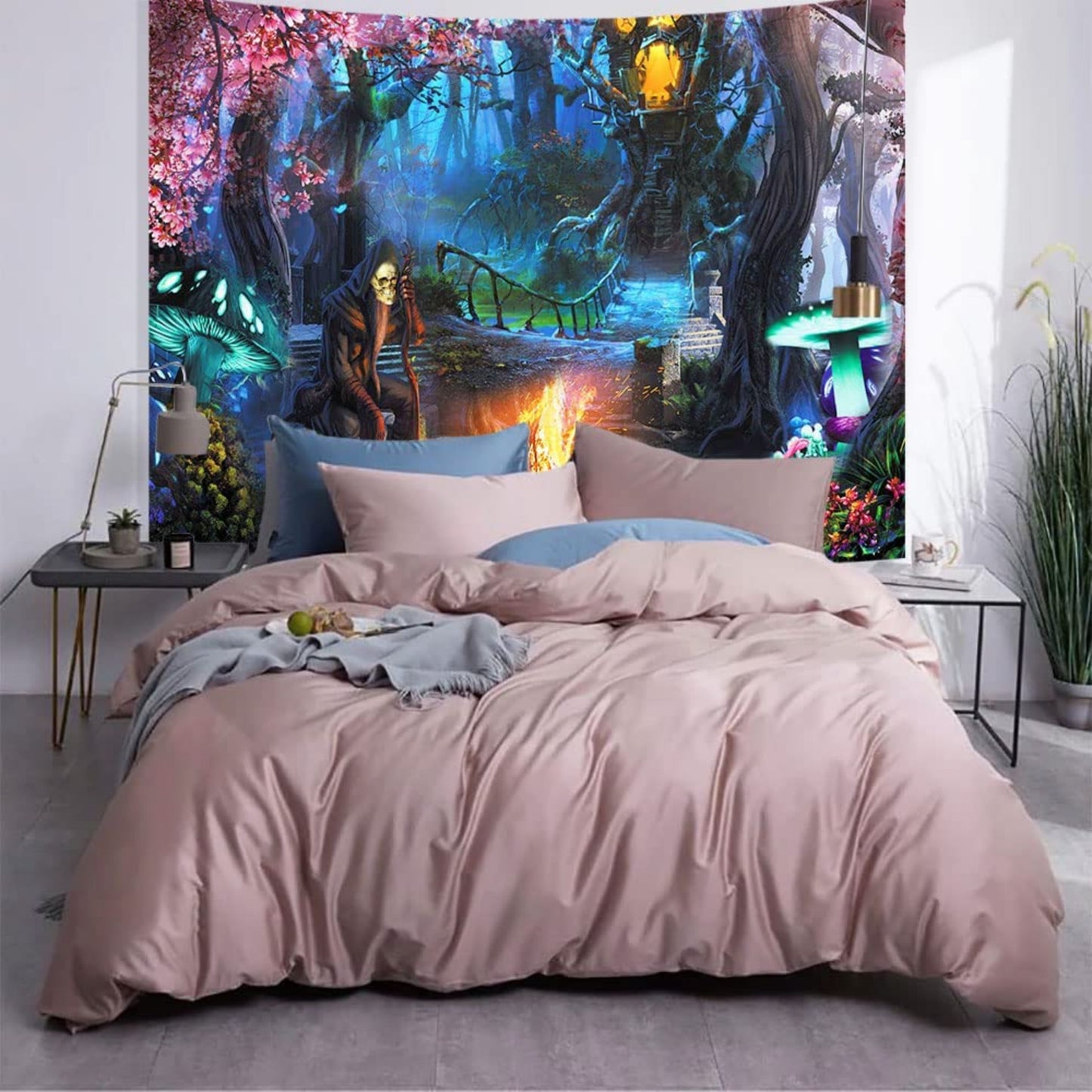 Fantasy Forest Psychedelic Tapestry, Trippy Mushrooms Wall Hanging,  Skeleton Bonfire Party Tapestries, Hippie Boho Cute Funny Magic Décor