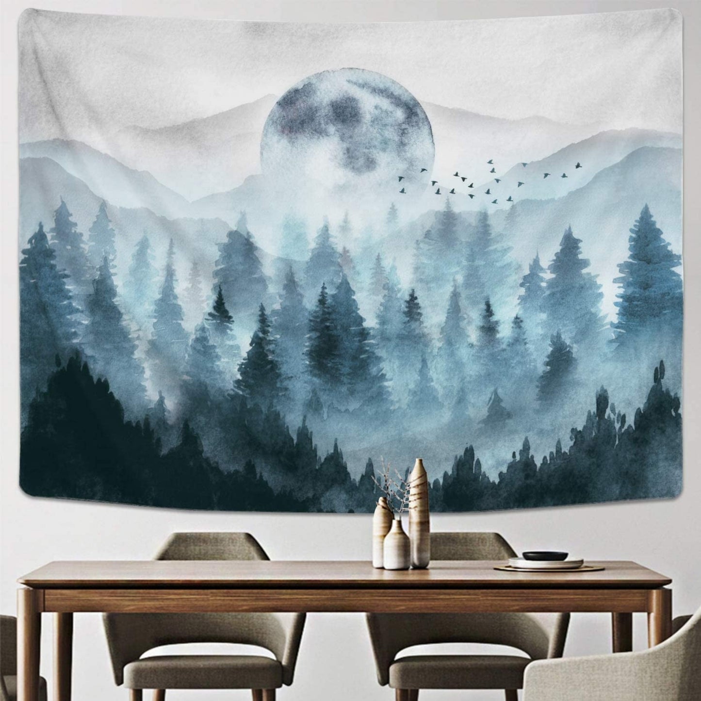 Misty Forest Wall Art,  Foggy Forest Tapestry, Misty Woods Wallpaper, Nature Tapestry Wall Hanging, Mountain Tapestry, Magical tree Art