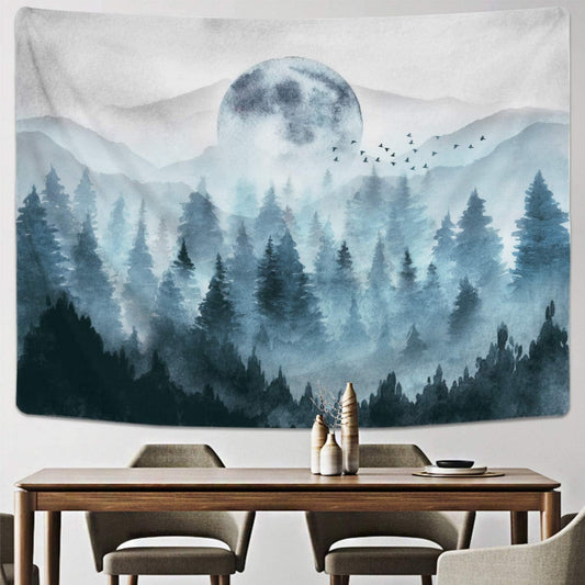 Misty Forest Wall Art,  Foggy Forest Tapestry, Misty Woods Wallpaper, Nature Tapestry Wall Hanging, Mountain Tapestry, Magical tree Art