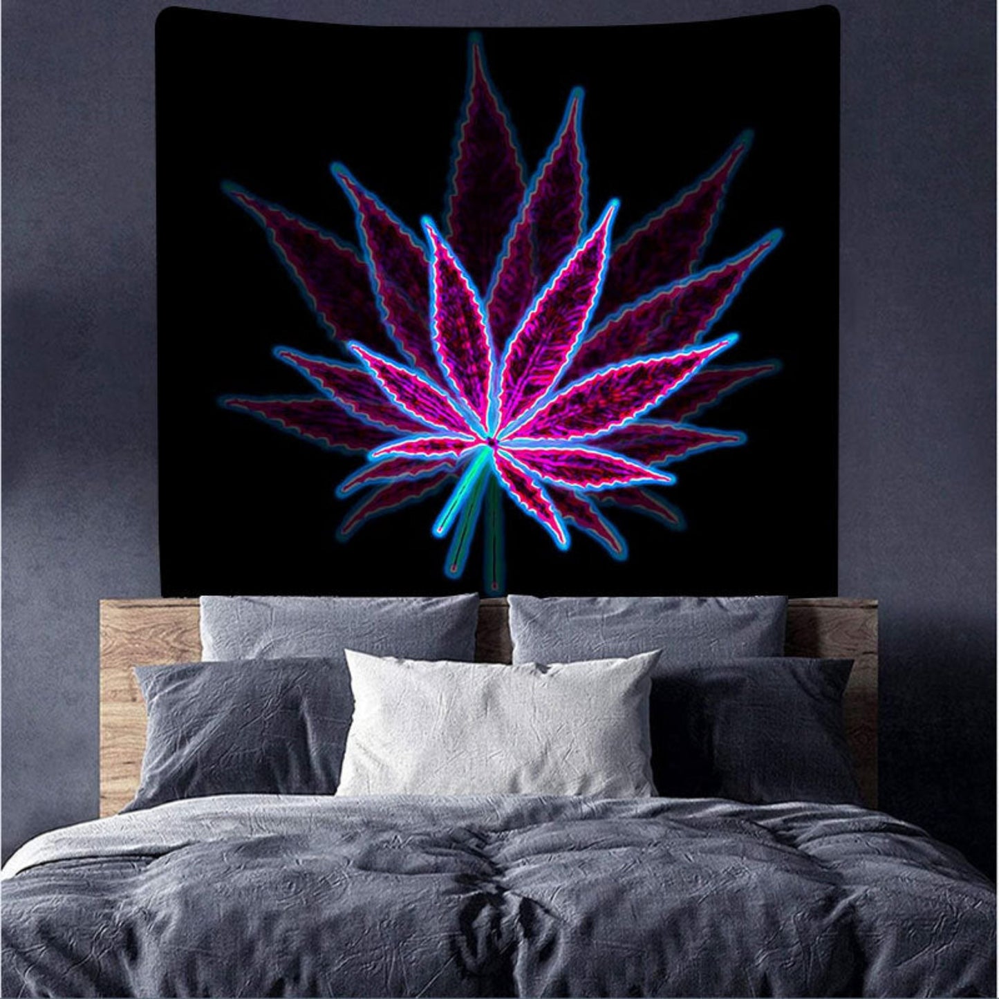 Trippy Weed Tapestry, Psychedelic Cannabis Leaf Wall Hanging,  Hippie Decor, Nature-Inspired Purple Black Tapestry for Dorm, Living Room