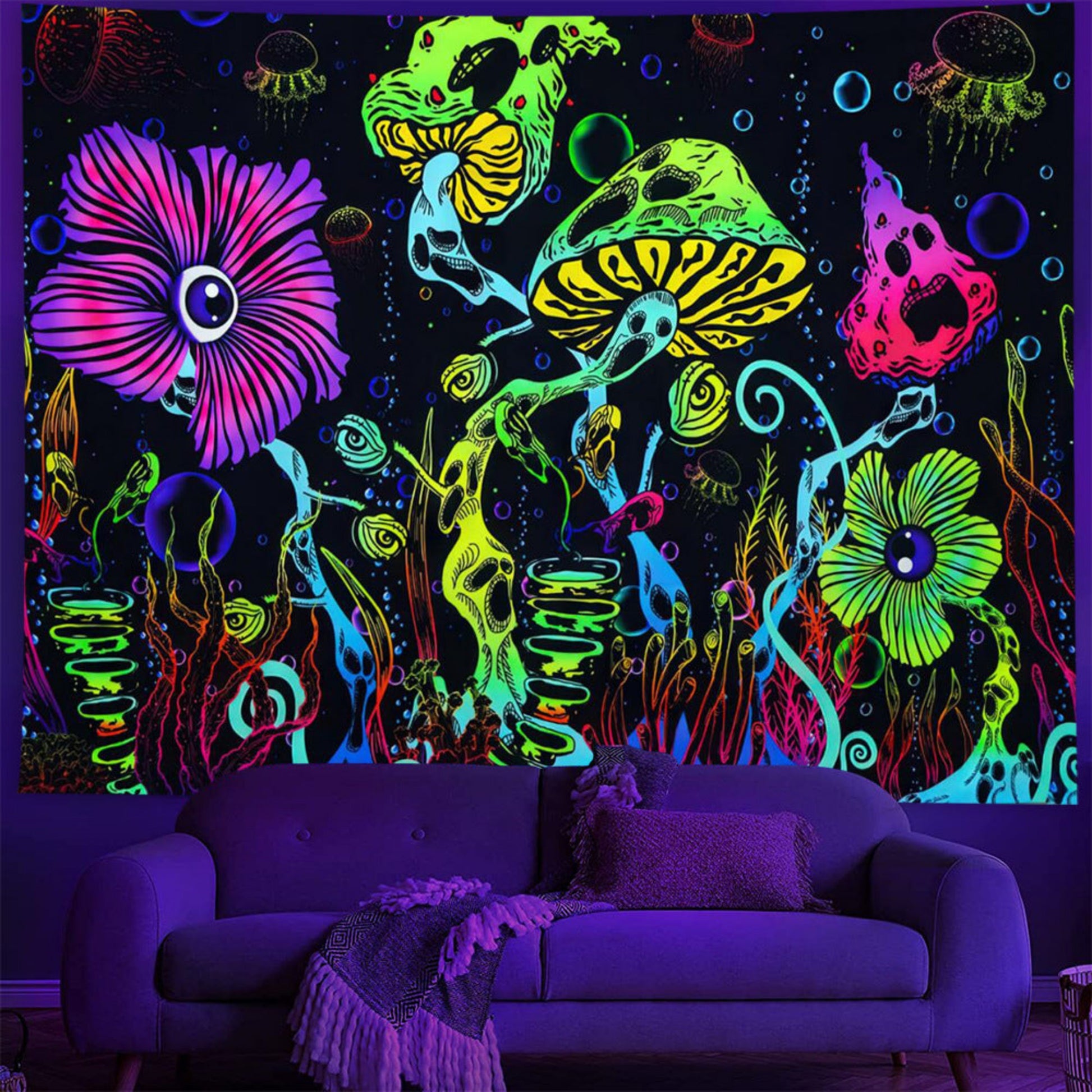 Psychedelic Mushroom Tapestry UV Reactive Blacklight Wall Hanging for Trippy Home Decor