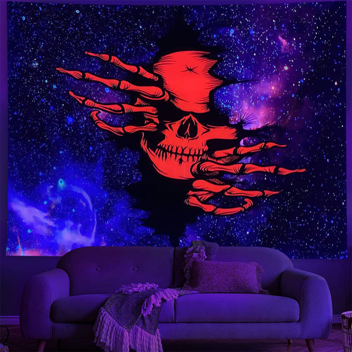 UV Reactive Tapestry Blacklight Tapestry Trippy Starry Skull Design Psychedelic Neon Wall Hanging Aesthetic Bedroom Decor Premium Polyester Tapestry Indoor and Outdoor Use LED and Neon Light Reactive Bed Cover Picnic Blanket Beach Towel Table Cloth Yoga Mat Gift for Home Decor Lovers Blacklight Skull Design Fantasy Theme Decor