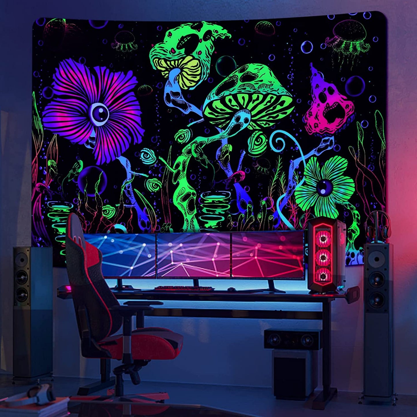 UV Reactive Blacklight Mushroom Tapestry - Glow in the Dark Sea Creatures and Flower Design - Aesthetic Wall Art for Living Room, Bedroom