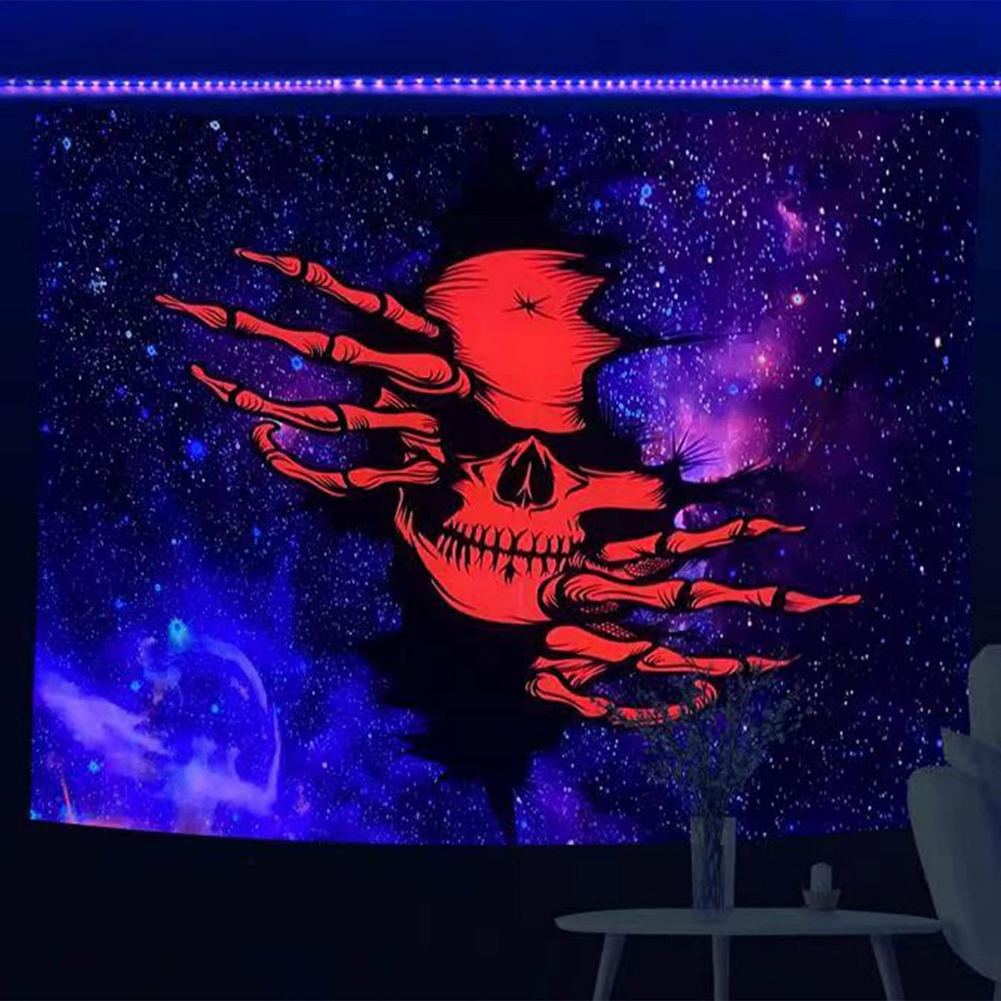 UV Reactive Blacklight Tapestry - Trippy Starry Skull Design - Psychedelic Skeleton Neon Posters Wall Hanging for Aesthetic Bedroom Décor