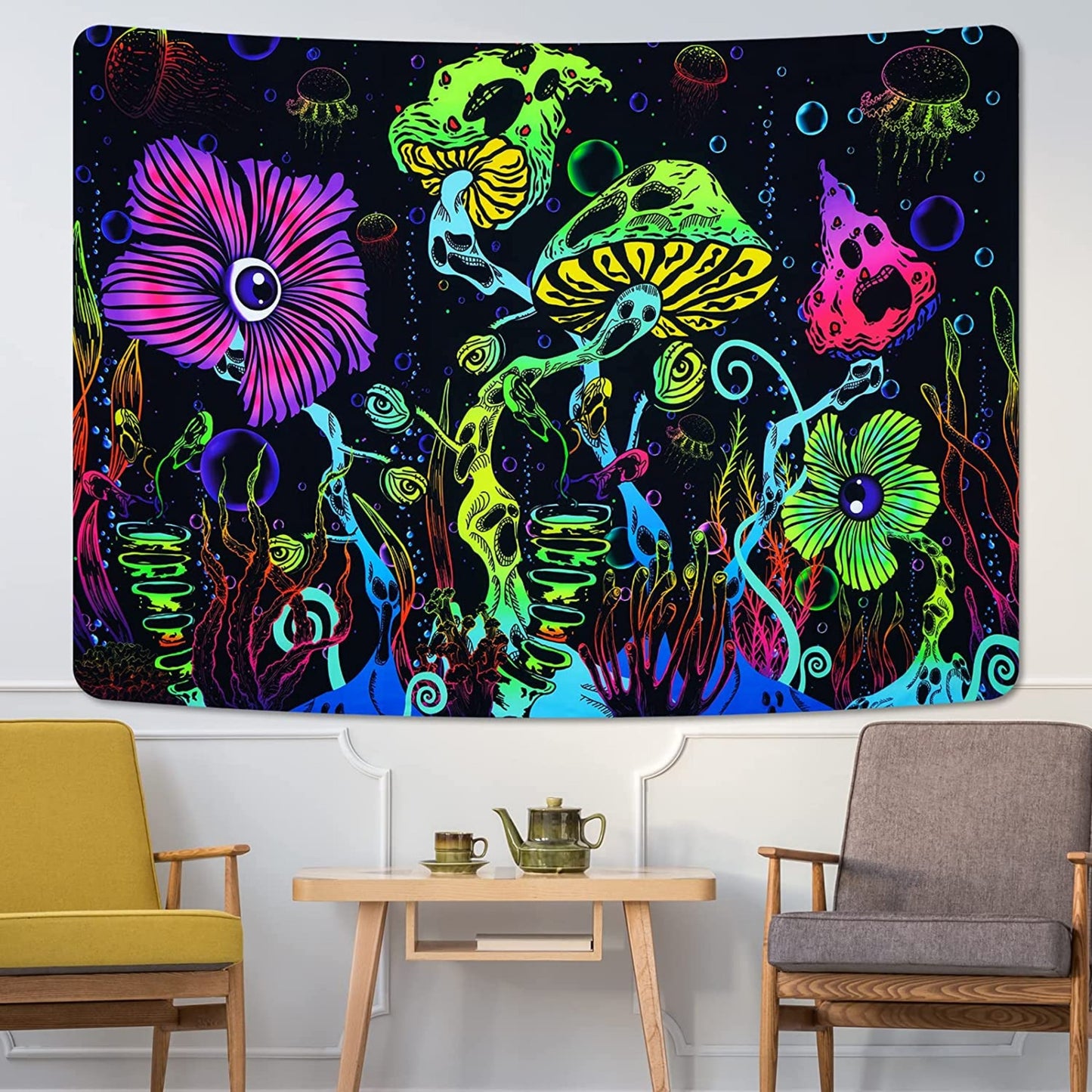 UV Reactive Blacklight Mushroom Tapestry - Glow in the Dark Sea Creatures and Flower Design - Aesthetic Wall Art for Living Room, Bedroom