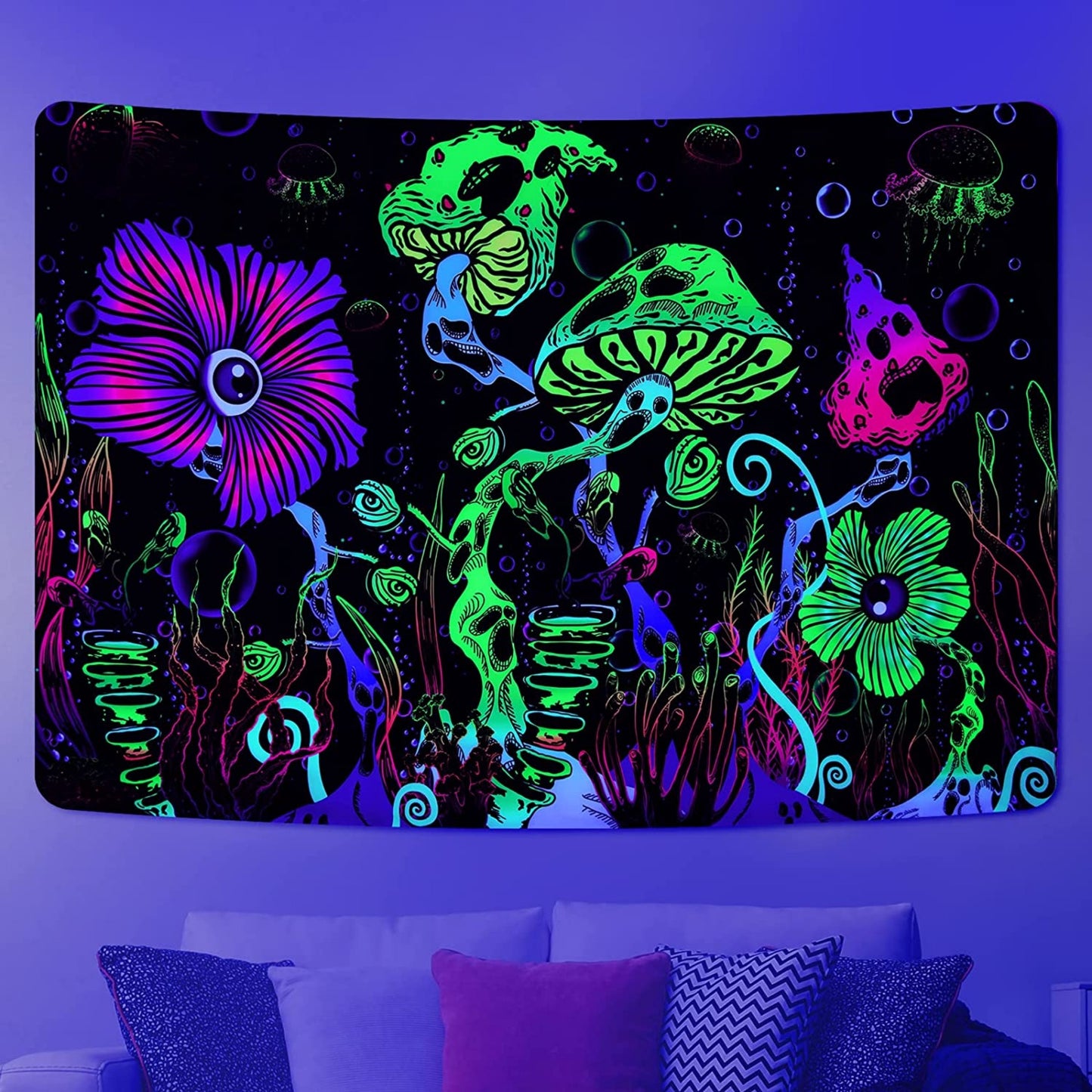 UV Reactive Blacklight Mushroom Tapestry - Glow in the Dark Sea Creatures and Flower Design - Aesthetic Wall Art for Living Room, Bedroom