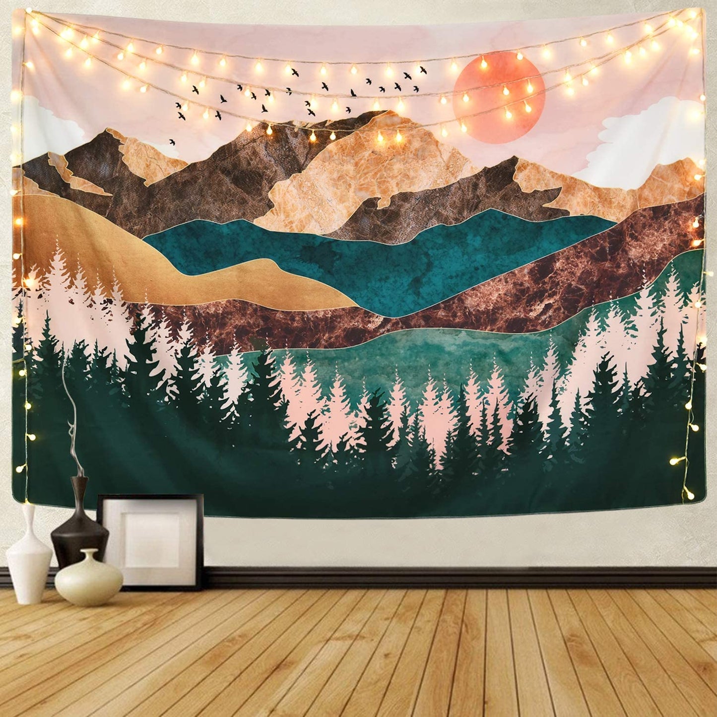 Mountain Tapestry, Scenery Wall Tapestry, Landscape Nature Tapestry Wall Hanging, Forest Pink Aesthetic Tapestry, Abstract Tapestry  Bedroom