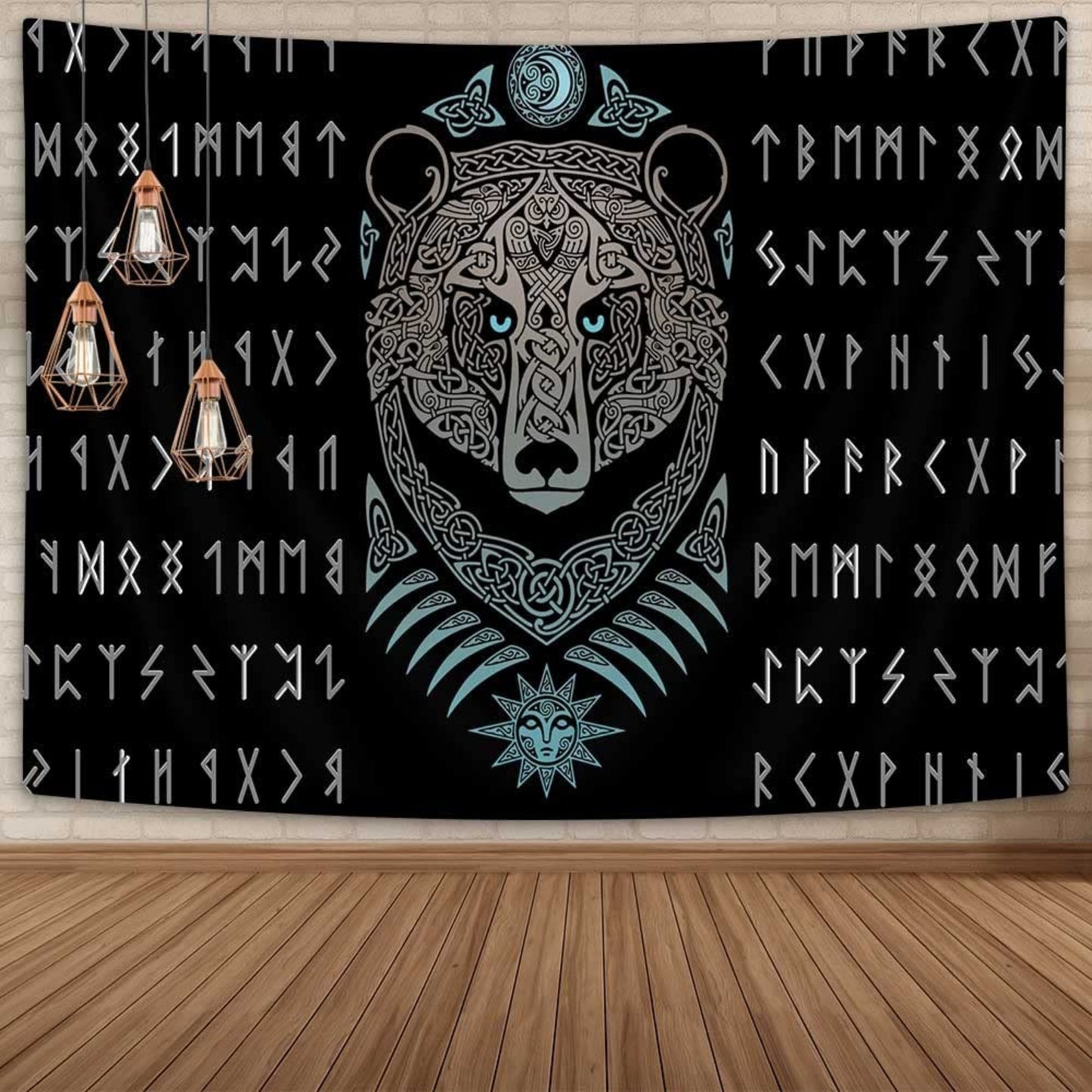 Viking Bear Tapestry Wall Hanging, Medieval Viking Black Bear, Psychedelic Norse Rune Tapestries for Living Room Bedroom Home Office Décor