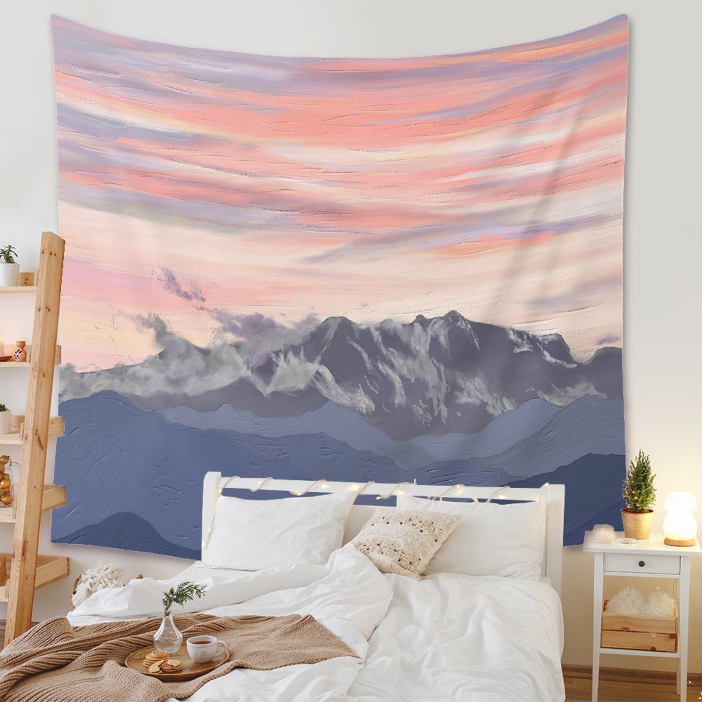 Mountain Tapestry, Pink Clouds Wall Art, Serene Sunset Tapestry with Pink Clouds, Decorative Nature Wall Hanging for Living Room and Bedroom