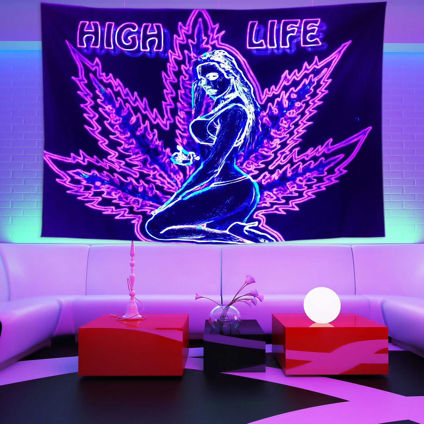 Weed Leaf Tapestry, Black Light Tapestry, Blacklight, Woman Silhouette, Trippy Wall Hanging, Glow in The Dark Poster