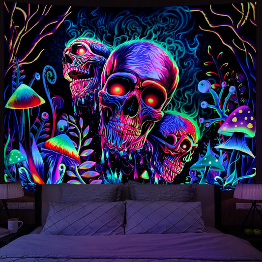 Black Light Tapestry Wall Hanging, Skull Tapestry Mandala, Skeleton Wall Tapestry, Uv Reactive BlackLight Psychedelic Mushroom Trippy Art