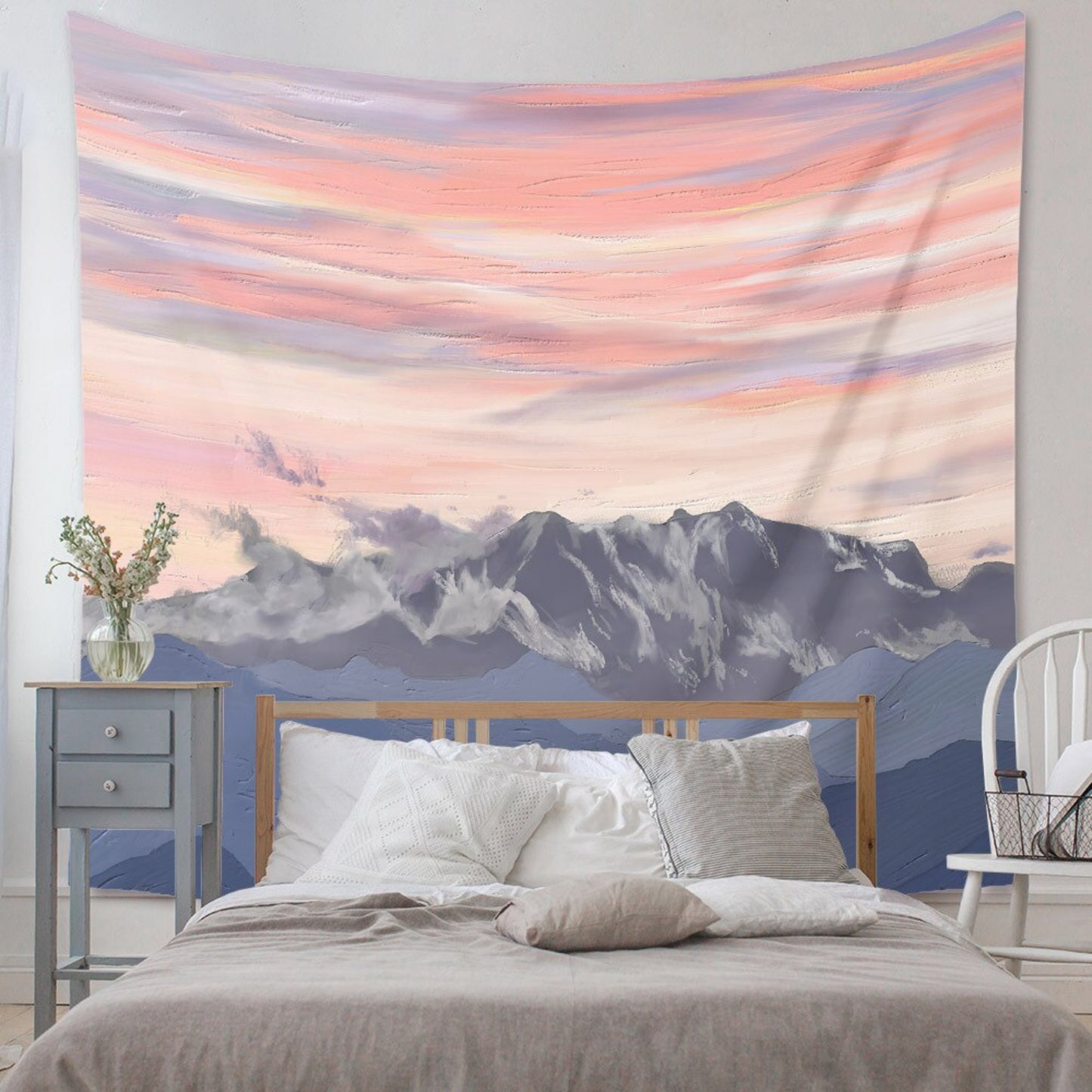Mountain Tapestry, Pink Clouds Wall Art, Serene Sunset Tapestry with Pink Clouds, Decorative Nature Wall Hanging for Living Room and Bedroom
