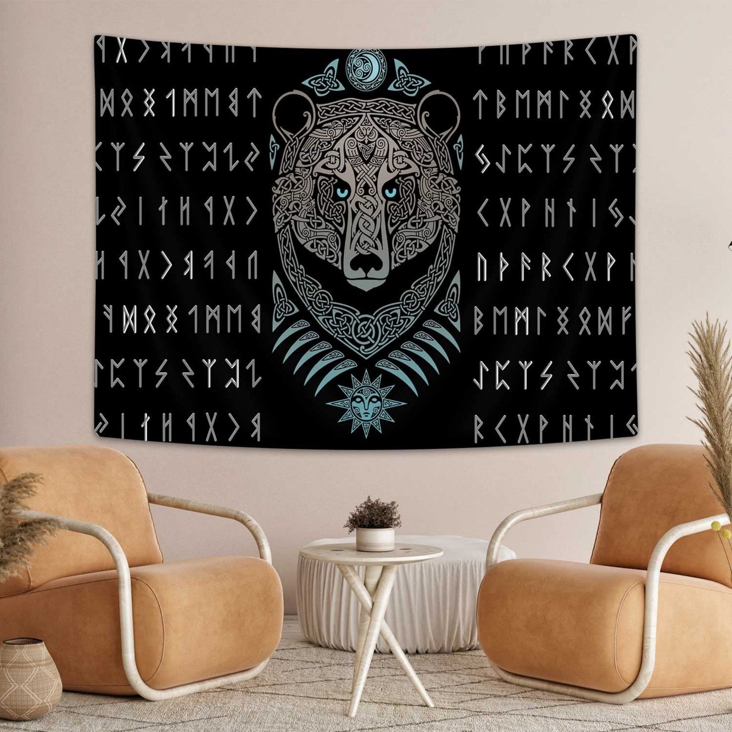 Viking Bear Tapestry Wall Hanging, Medieval Viking Black Bear, Psychedelic Norse Rune Tapestries for Living Room Bedroom Home Office Décor