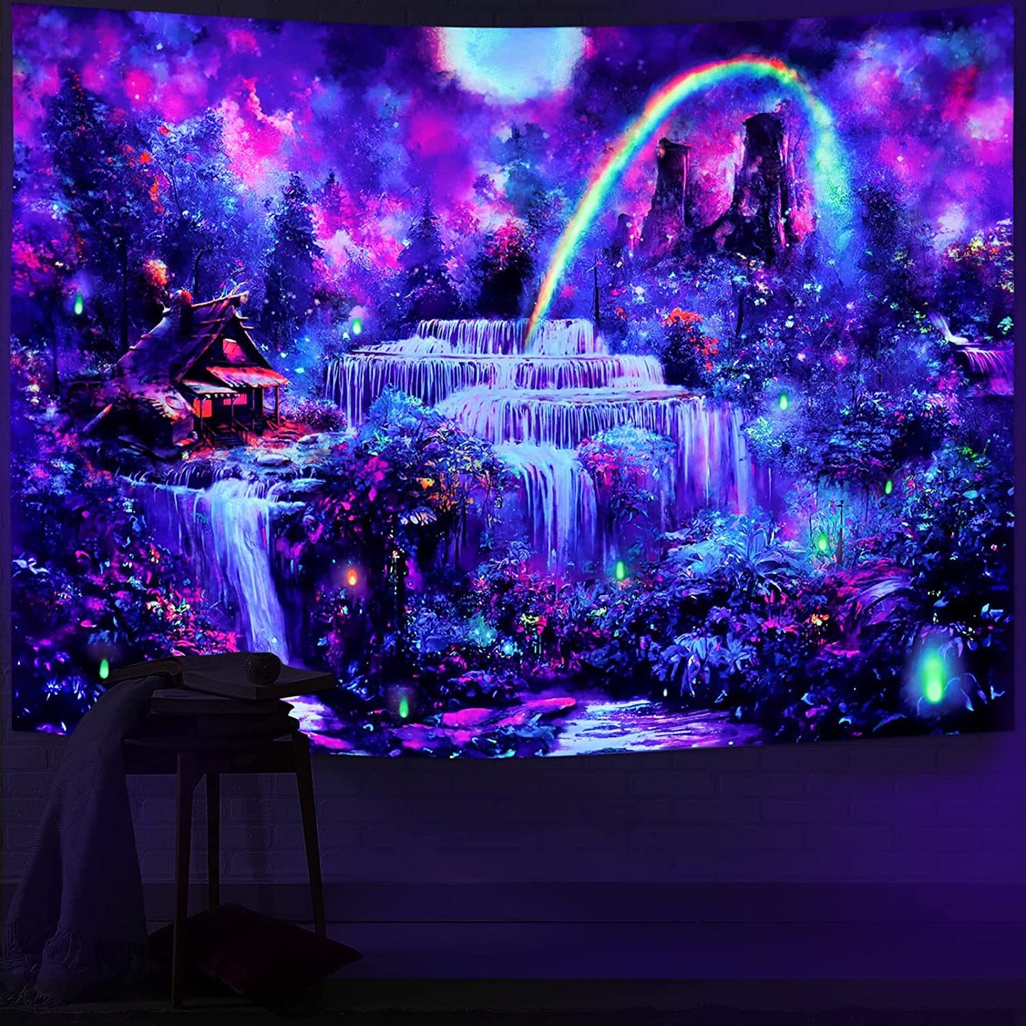 Blacklight Tapestry, Forest Tapestry, UV Reactive Fantasy Waterfall Rainbow Black Light Tapestry, Misty  Nature Landscape Wall Hanging Room
