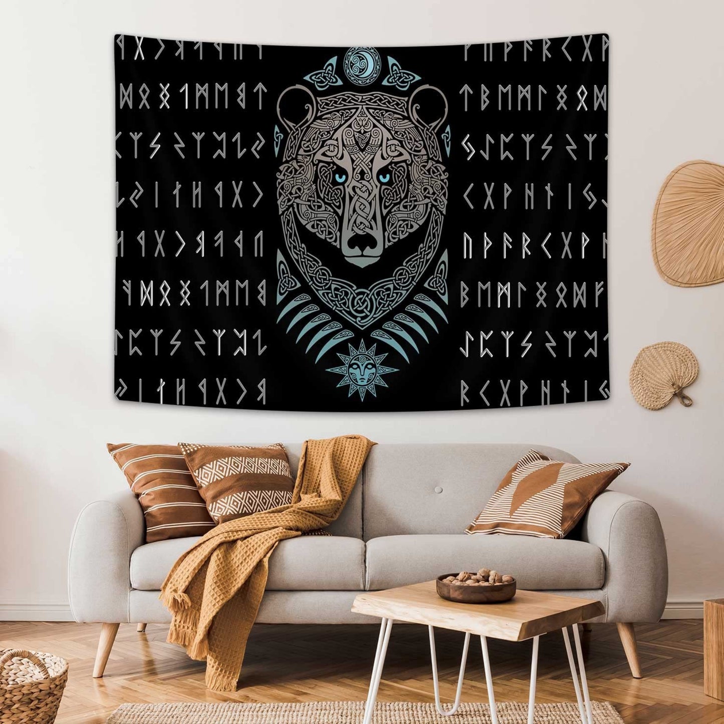 Viking Bear Tapestry Wall Hanging, Medieval Viking Black Bear, Psychedelic Norse Rune Tapestries for Living Room Bedroom Home Office Décor
