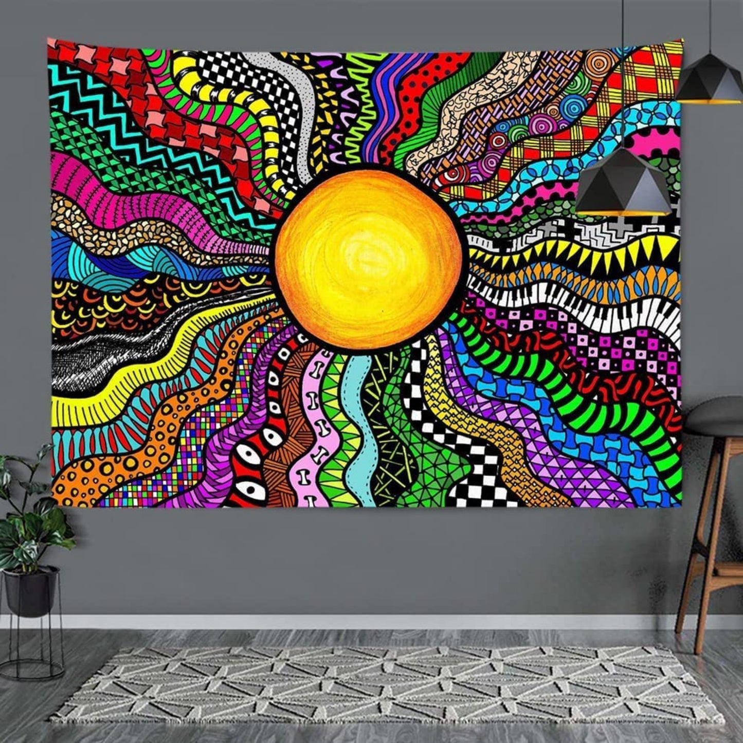 Sun Tapestry Wall Hanging , Hippie Trippy Sublime Sun Aesthetic Colorful Tapestry, Rainbow Psychedelic Tapestry, For  Room Bedroom Dorm