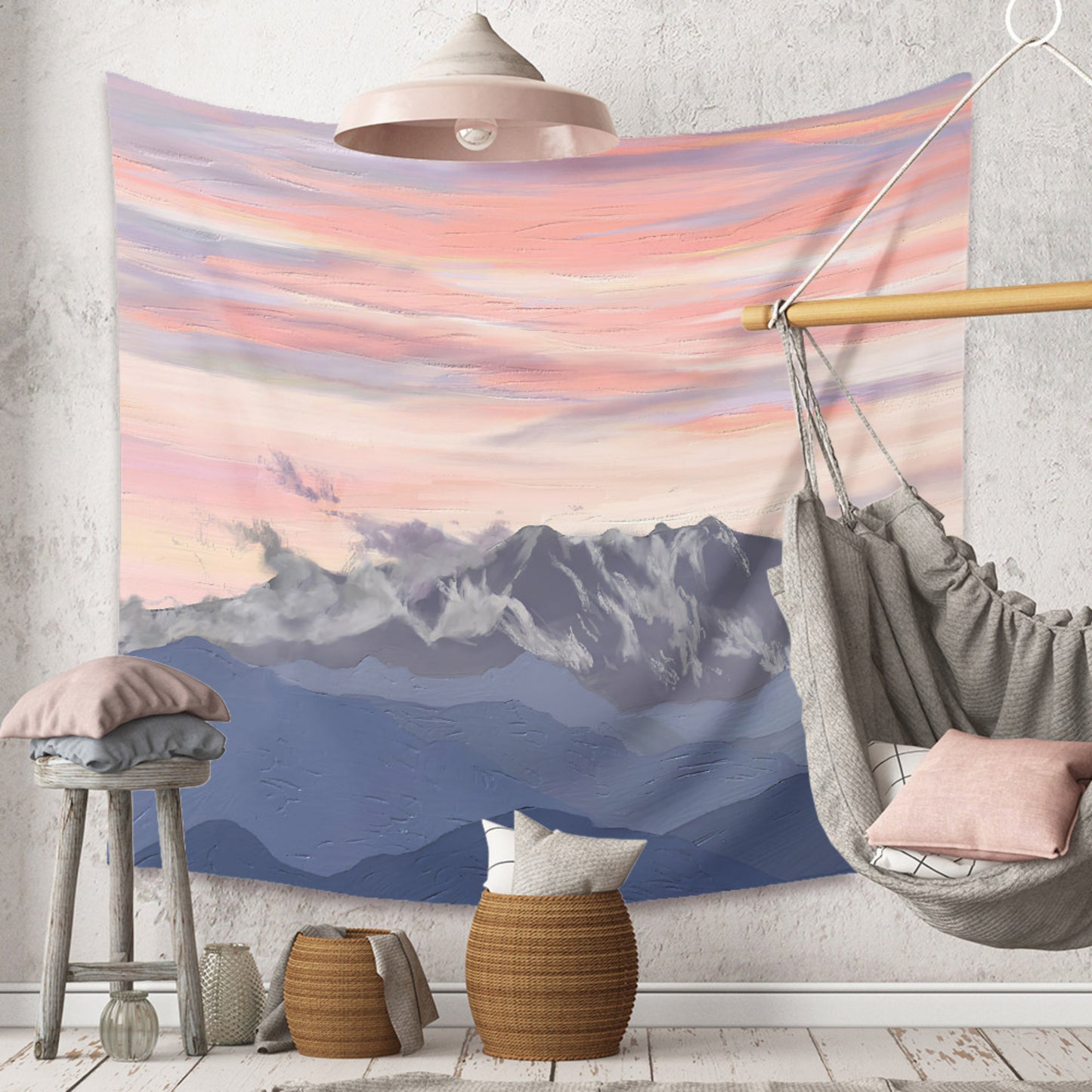 Mountain Tapestry, Pink Clouds Wall Art, Serene Sunset Tapestry with Pink Clouds, Decorative Nature Wall Hanging for Living Room and Bedroom