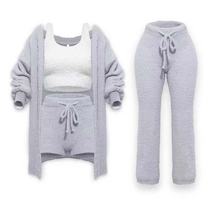 Autumn And Winter New Knitted Plush Long Sleeve Coat Vest Shorts Four-piece Set