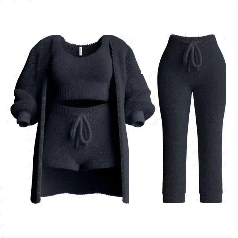 Autumn And Winter New Knitted Plush Long Sleeve Coat Vest Shorts Four-piece Set
