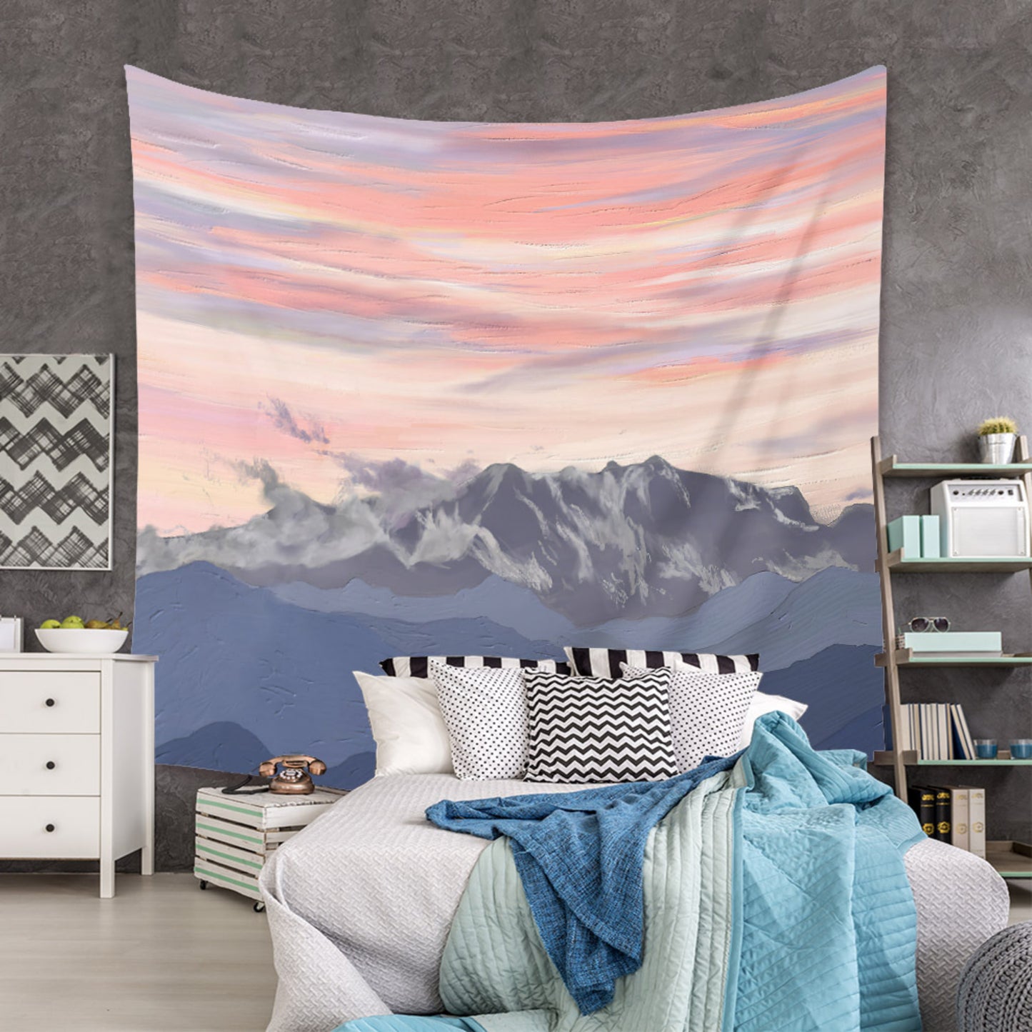 Mountain Tapestry, Pink Clouds Wall Art, Serene Sunset Tapestry with Pink Clouds, Decorative Nature Wall Hanging for Living Room and Bedroom
