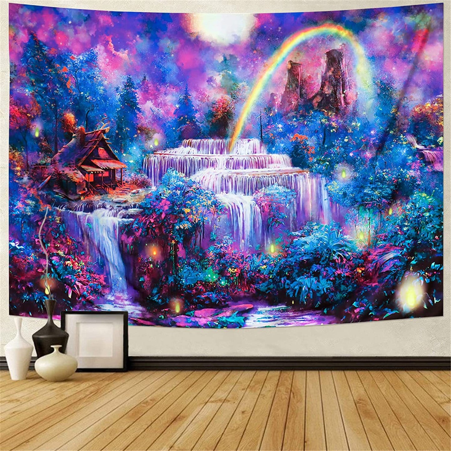 Blacklight Tapestry, Forest Tapestry, UV Reactive Fantasy Waterfall Rainbow Black Light Tapestry, Misty  Nature Landscape Wall Hanging Room