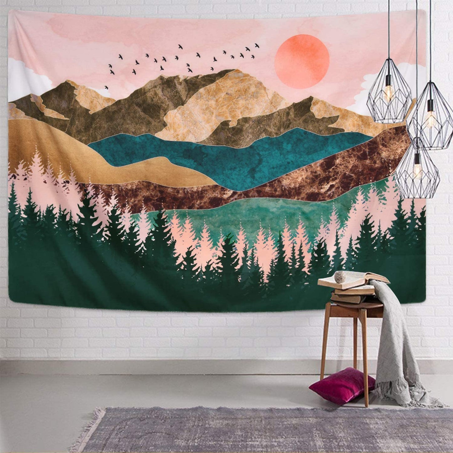 Mountain Tapestry, Scenery Wall Tapestry, Landscape Nature Tapestry Wall Hanging, Forest Pink Aesthetic Tapestry, Abstract Tapestry  Bedroom