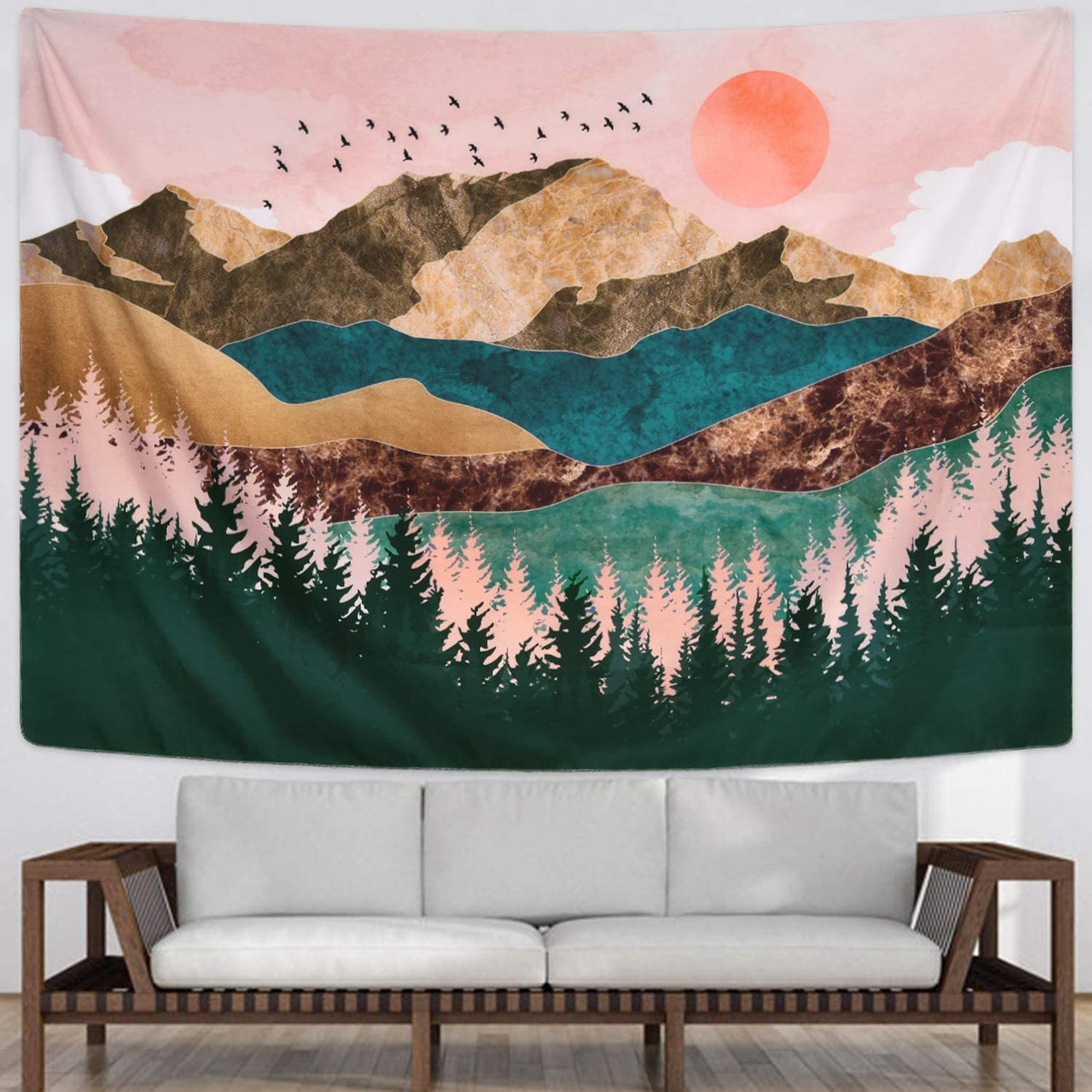 Mountain Tapestry, Scenery Wall Tapestry, Landscape Nature Tapestry Wall Hanging, Forest Pink Aesthetic Tapestry, Abstract Tapestry  Bedroom
