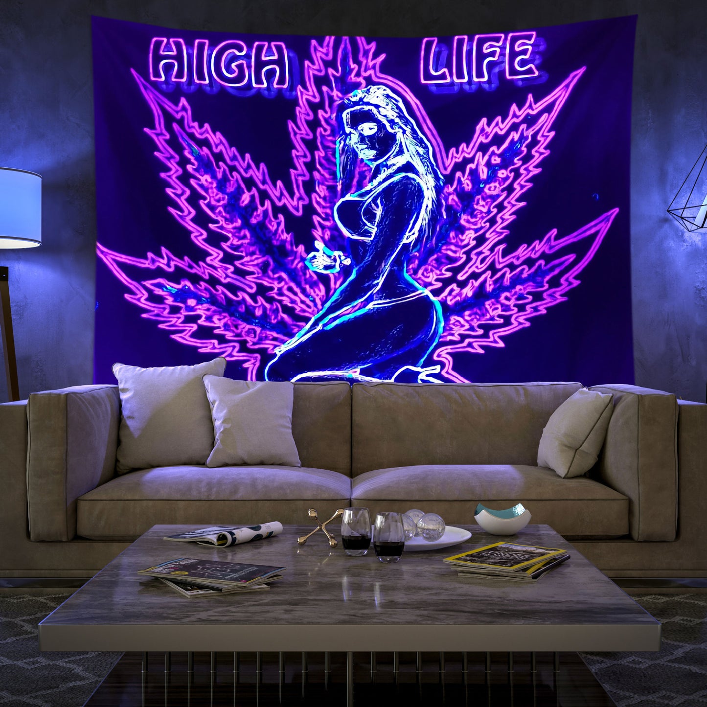 Weed Leaf Tapestry, Black Light Tapestry, Blacklight, Woman Silhouette, Trippy Wall Hanging, Glow in The Dark Poster