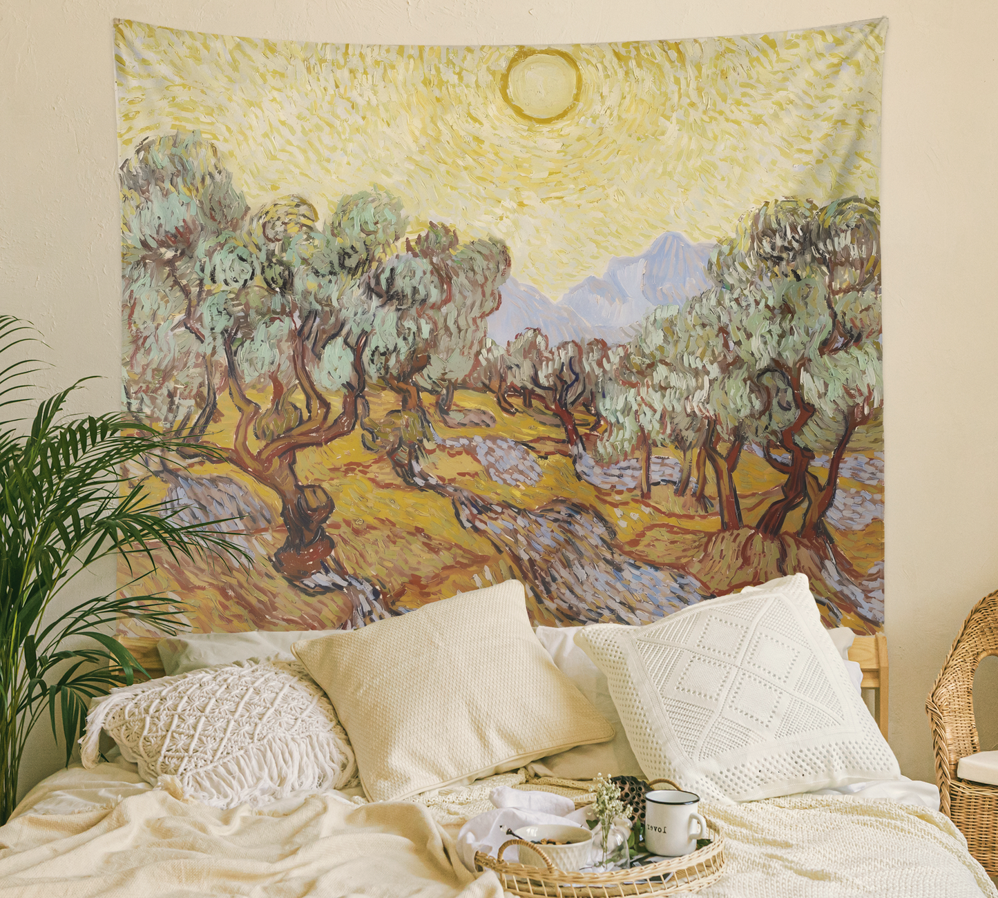 Vincent Van Gogh Painting , Landscape Art Tapestry, Wall Hanging, Olive Trees With Yellow Sky And Sun, Dorm Room Décor